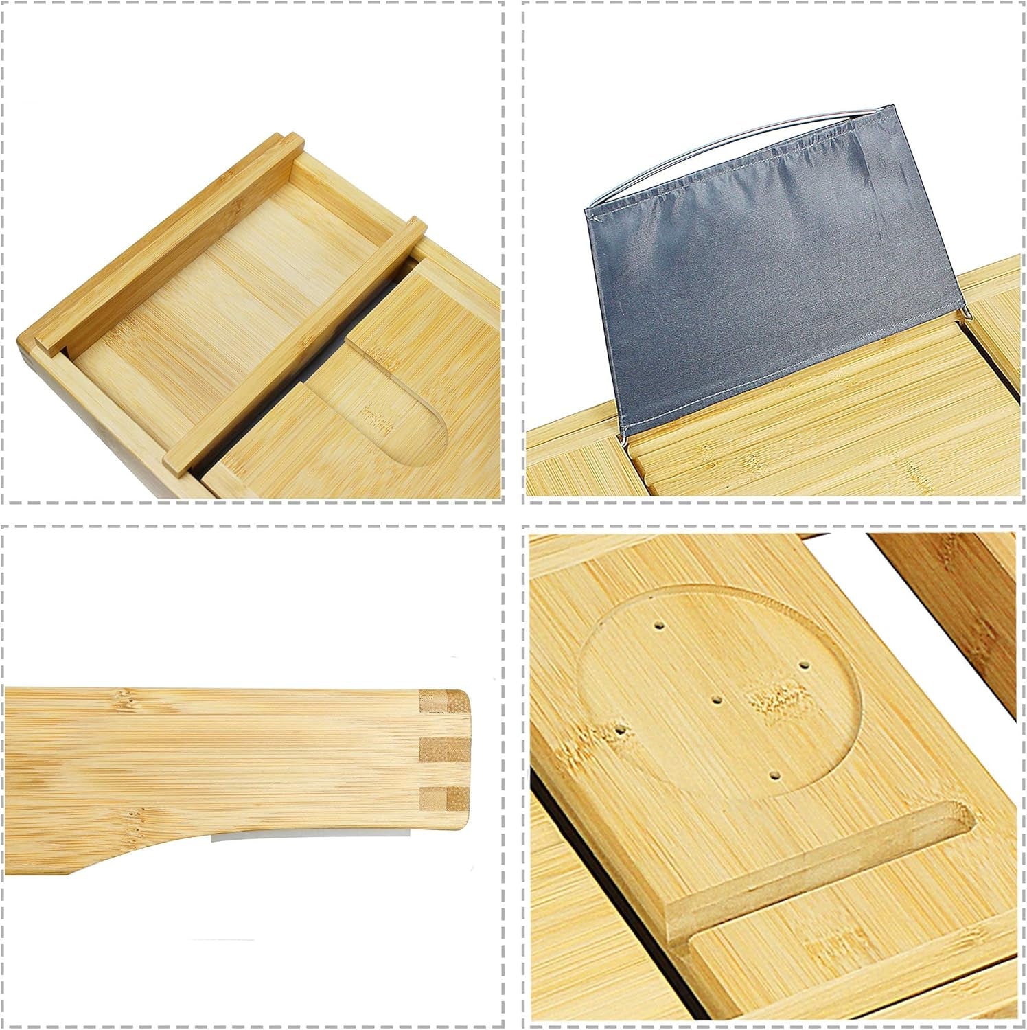 Bamboo Bathtub Caddy Tray, Expandable Bath Table over Tub for 1-2 Person, Luxury Bath & Bed Tray with Wineglass Book & Free Soap Holder (Natural)