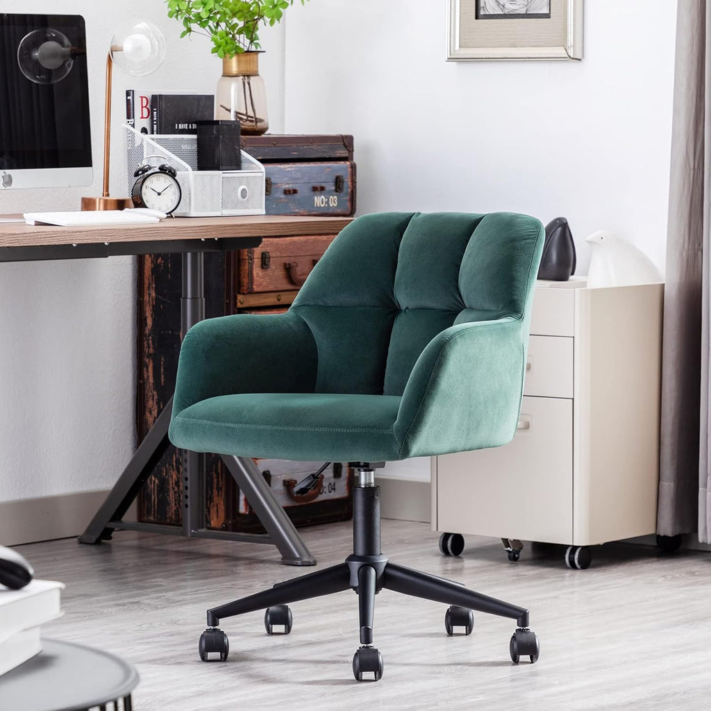 Hi&Yeah Modern Velvet Office Chair, Height Adjustable Comfy Desk Chair with Wheels, Swivel Armchair for Living Room Home Office Computer, Dark Green