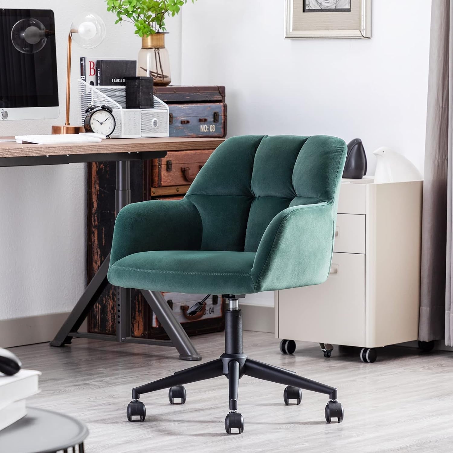 Hi&Yeah Modern Velvet Office Chair, Height Adjustable Comfy Desk Chair with Wheels, Swivel Armchair for Living Room Home Office Computer, Dark Green