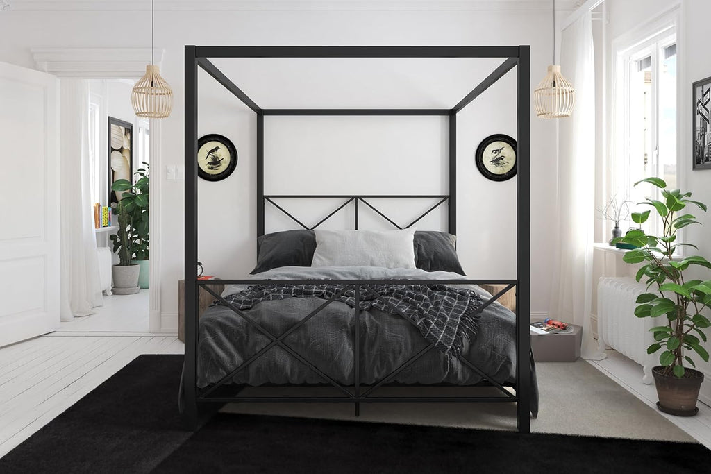 Rosedale Metal Canopy Bed Frame with Four Poster Design and Geometric Accented Headboard and Footboard, Underbed Storage Space, Queen, Black