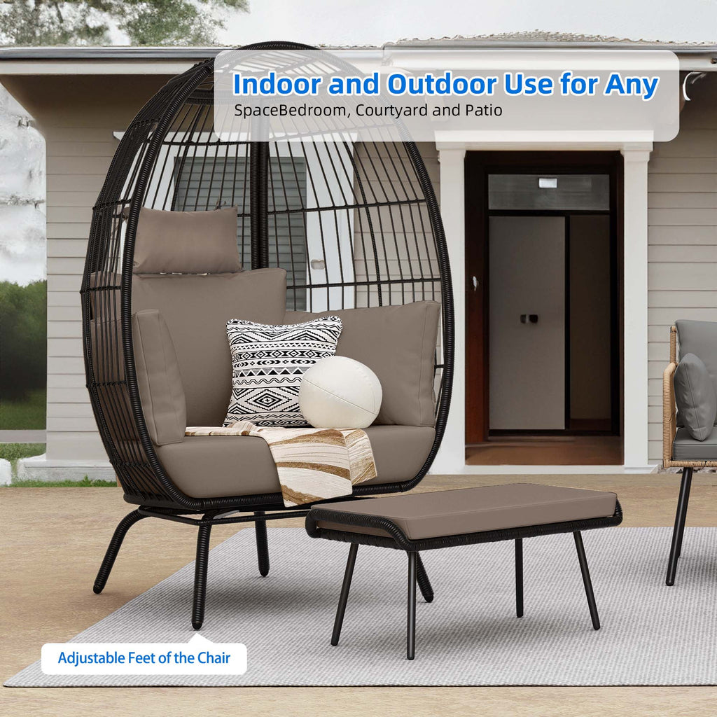 Egg Chair with Footstool, Outdoor Oversized Egg Lounger Chair with Stand, Cushion, Wicker Chair for Patio, Garden, Backyard, Porch - Black & Brown