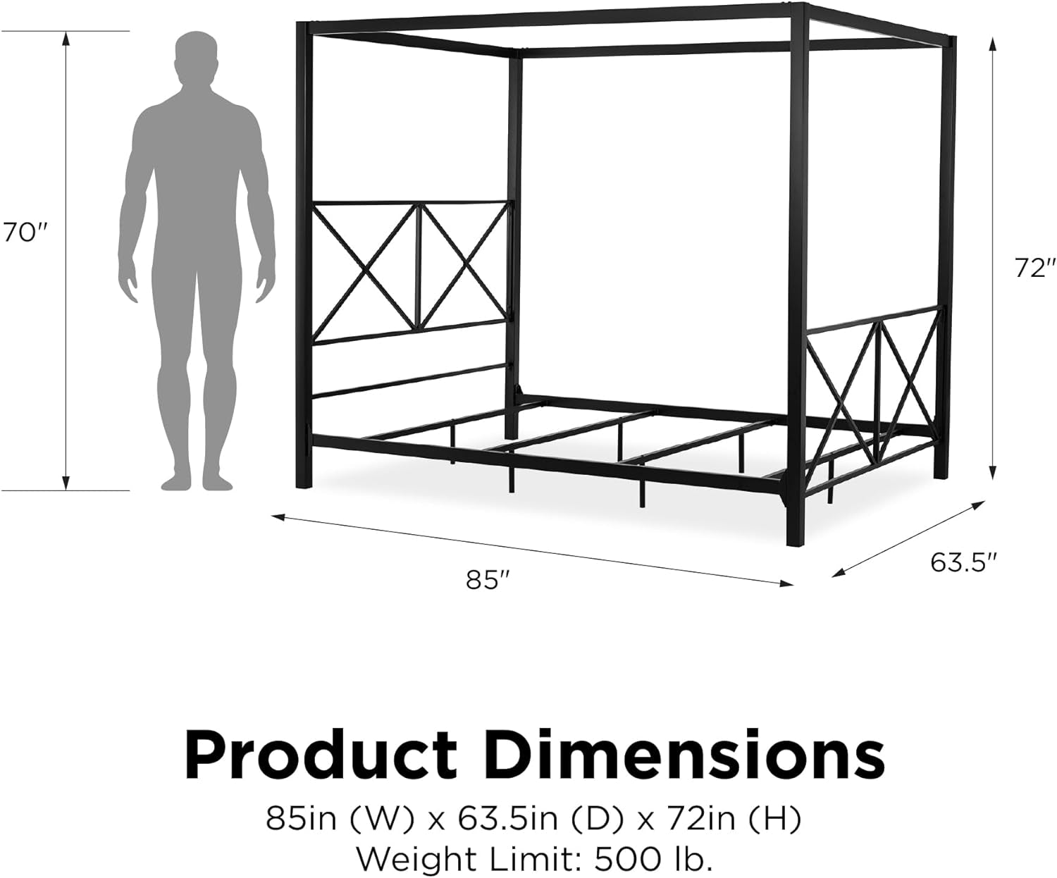 Rosedale Metal Canopy Bed Frame with Four Poster Design and Geometric Accented Headboard and Footboard, Underbed Storage Space, Queen, Black
