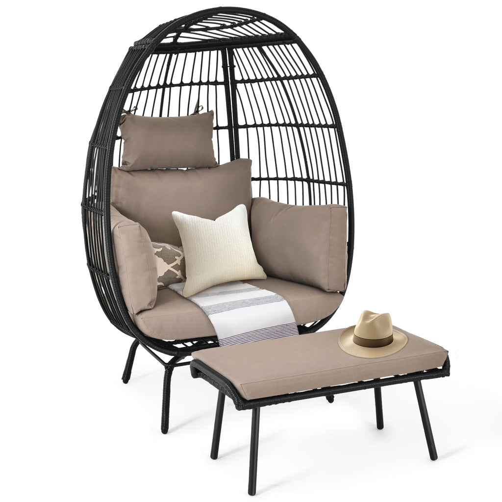 Egg Chair with Footstool, Outdoor Oversized Egg Lounger Chair with Stand, Cushion, Wicker Chair for Patio, Garden, Backyard, Porch - Black & Brown