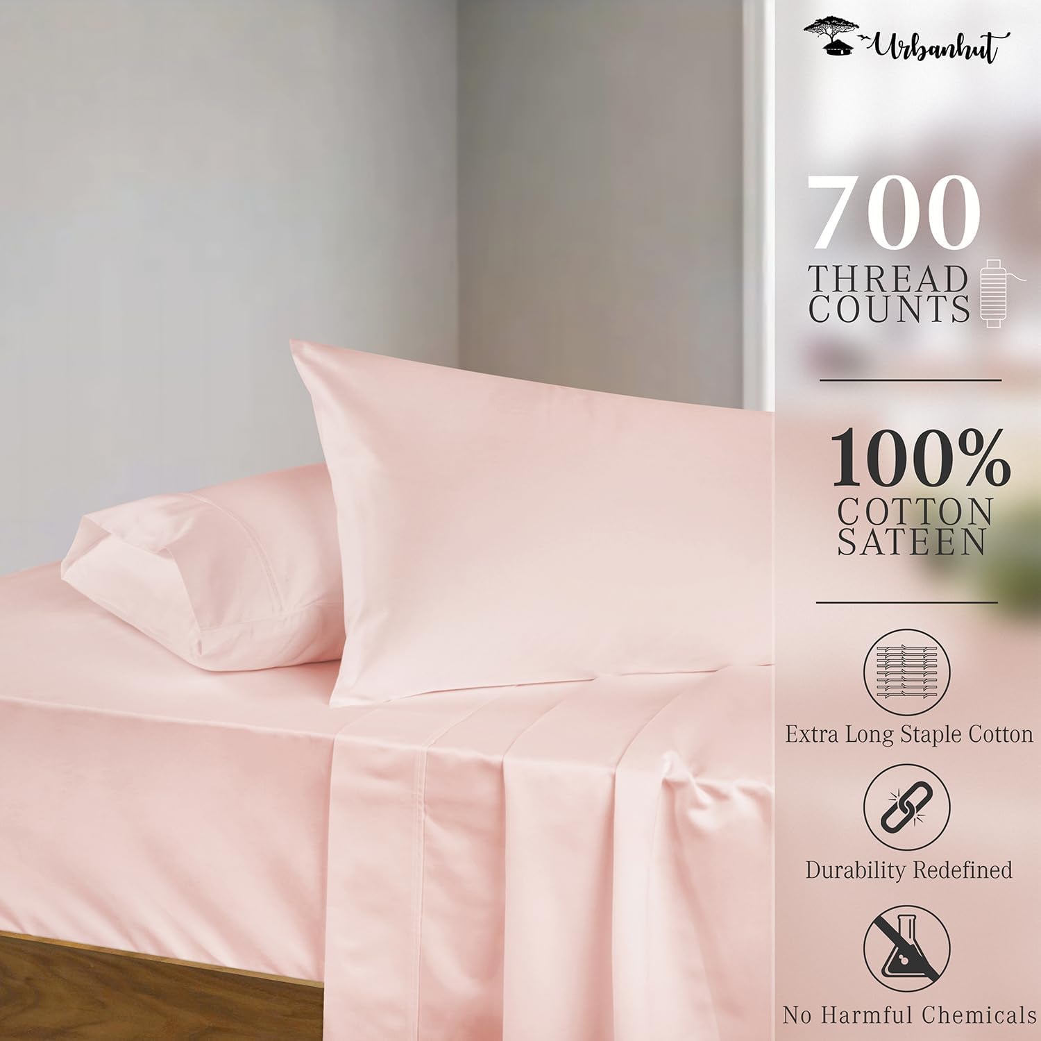 700 Thread Count Queen Size Egyptian Cotton Sheets, 4Pc Sheet Set Soft Luxury Bed Sheets for Queen Size Bed, Sateen Weave Hotel Sheets, 16'' Elasticized Deep Pocket - Blush Pink