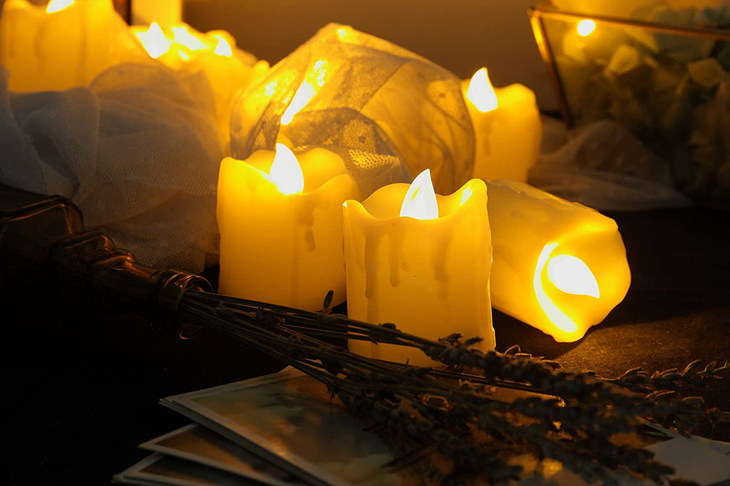 Battery Operated Flameless Votive Candles Realistic Flickering Fake Electric LED Tea Lights Set Bulk Wedding Party Halloween Christmas Decorations Table Centerpieces Batteries Incl 24PCS