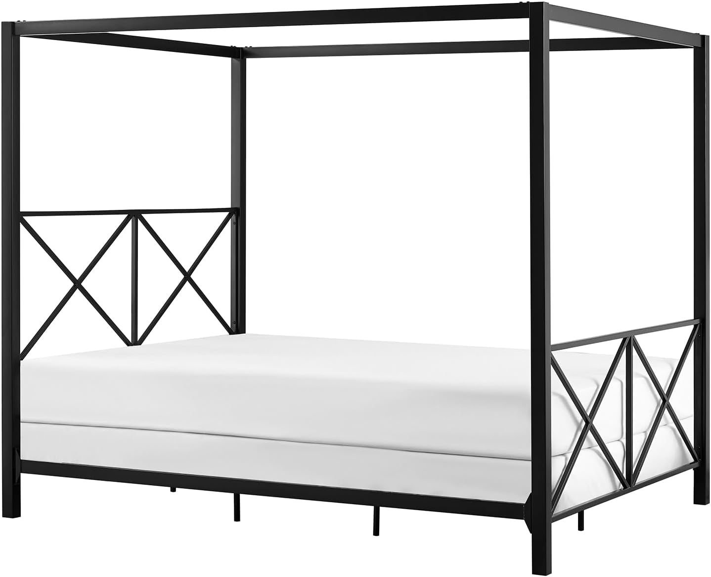 Rosedale Metal Canopy Bed Frame with Four Poster Design and Geometric Accented Headboard and Footboard, Underbed Storage Space, Queen, Black