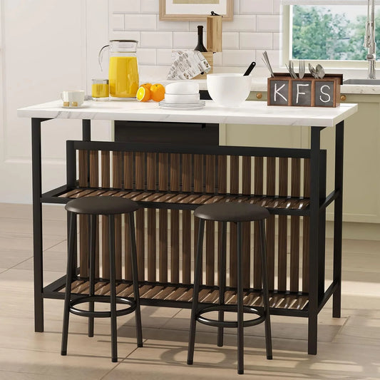 Kitchen Island with Seating, Wooden Counter 33"Height Table with Storage Kitchen Table Set for 2