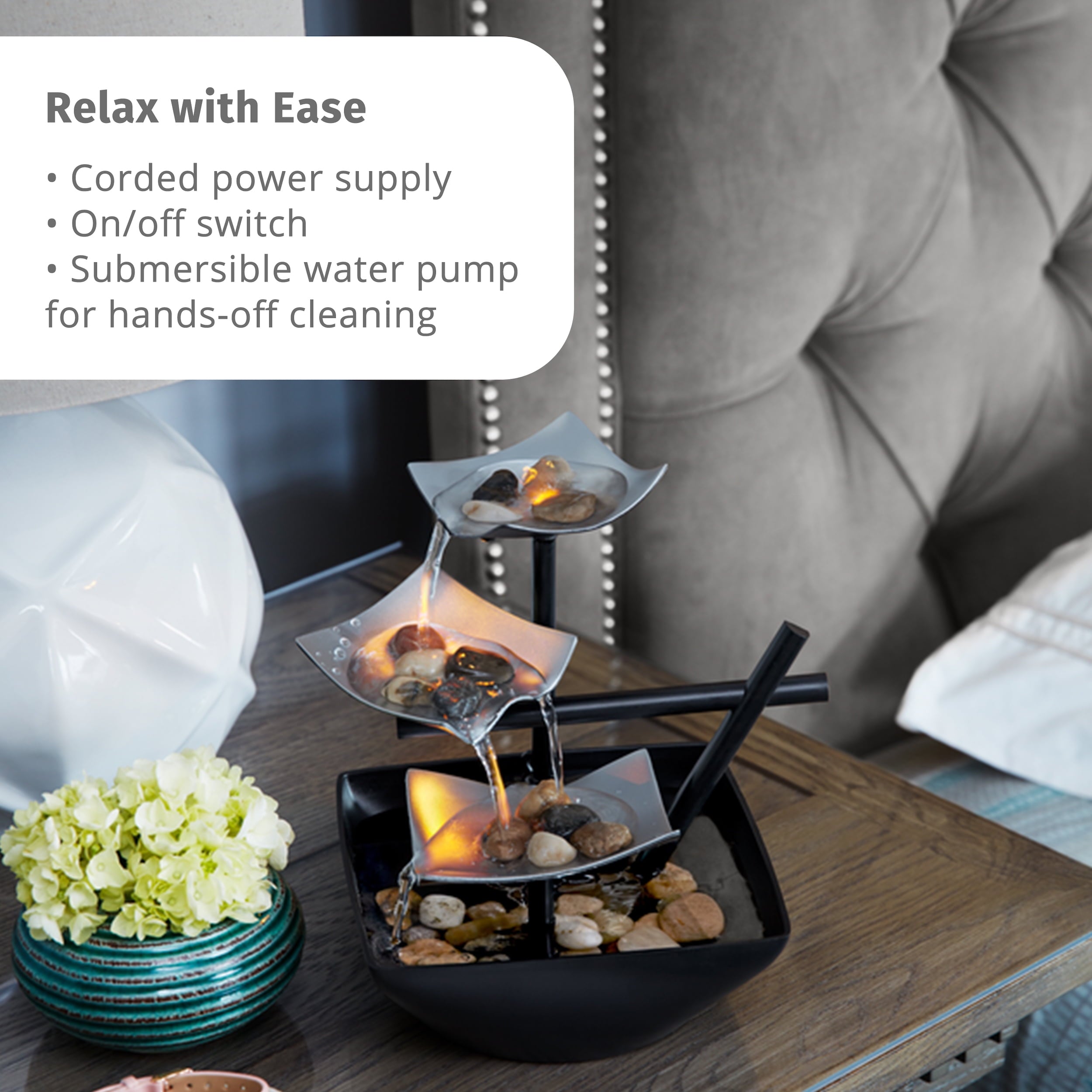 Envirascape Silver Springs Corded Electric Indoor Water Fountain, Natural River Rocks