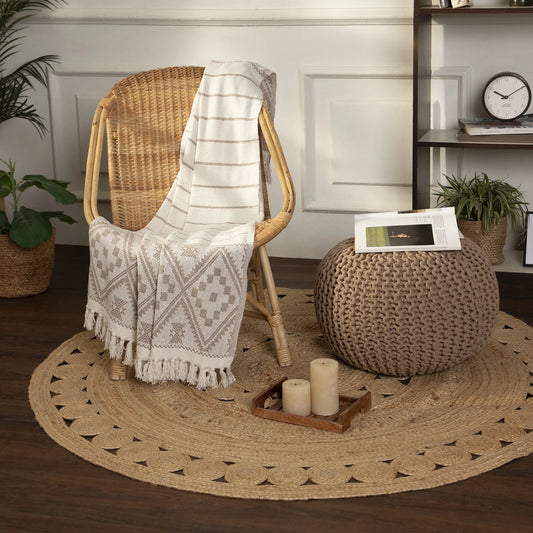 round Pouf Ottoman - Hand Knitted Cable Boho Poof Home Decor Pouffe Circular Footrest for Living Room - Bedroom - Lounge - 100% Cotton (19.5"X19.5"X14"; Beige)