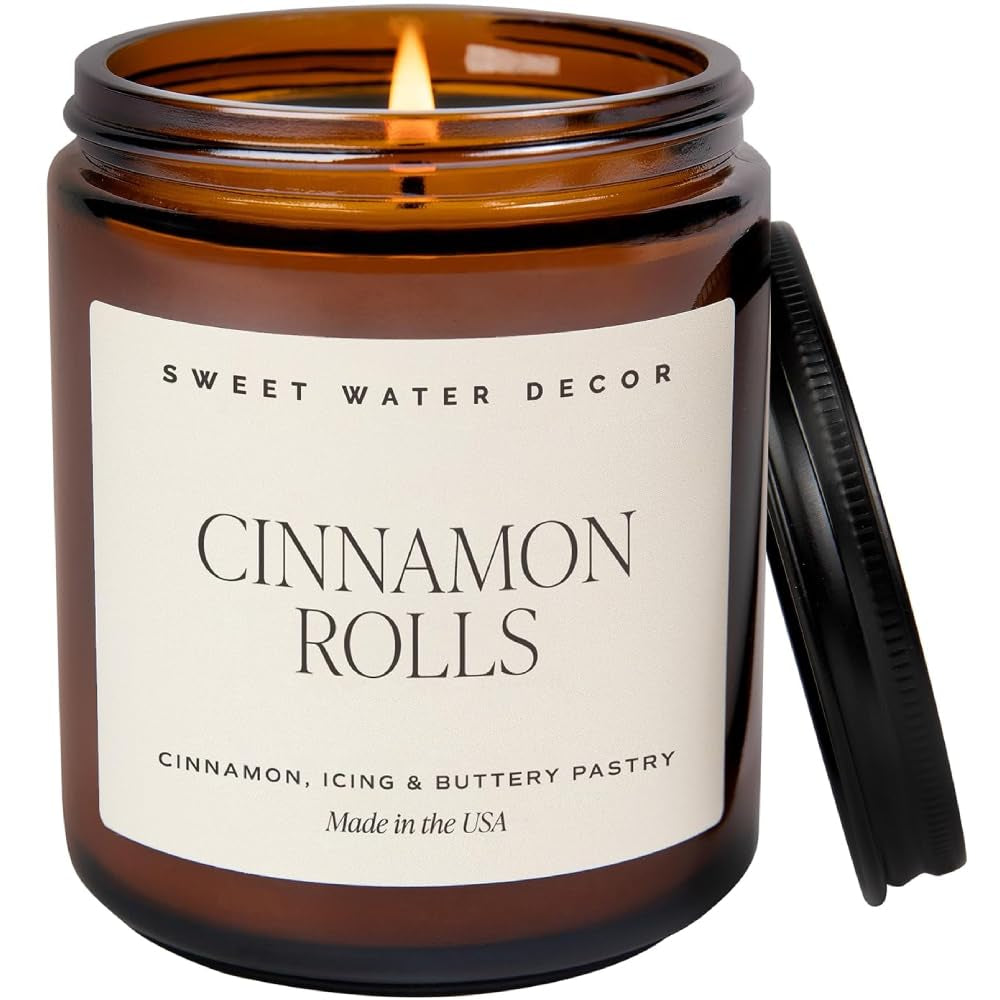 Cinnamon Roll Candle - Christmas Candle with Cinnamon, Icing & Buttery Pastry for Home - Cinnamon Soy Candle with 40 Hours Burn Time - 9Oz Black Lid Amber Jar Cinnamon Scents