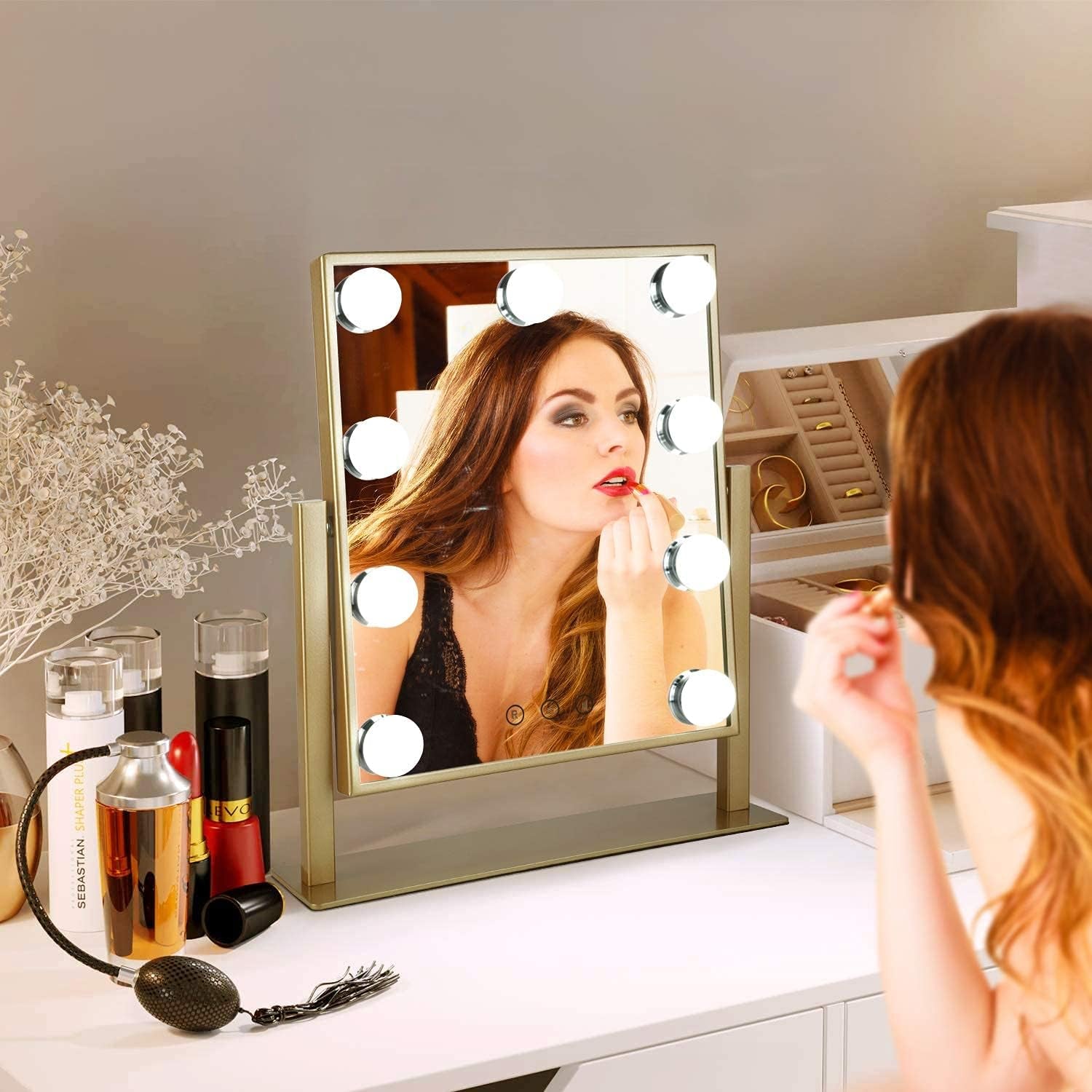 Hollywood Mirror with Lights, Vanity Mirror with Lights, Tabletop Mirror with Dimmable LED Lights，3 Color Model (Gold, 16.3 X 13.4)