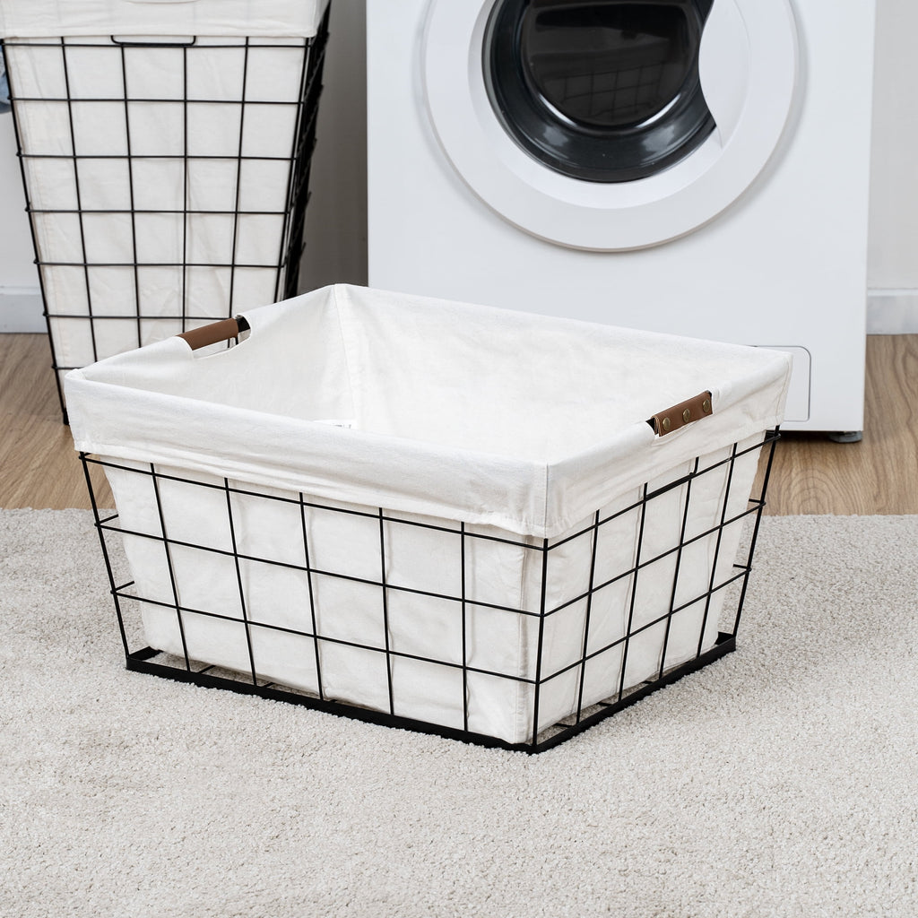 60L Rectangular Steel Wire Laundry Basket with Removable Cotton Blend Liner for Adult, Black & Natural
