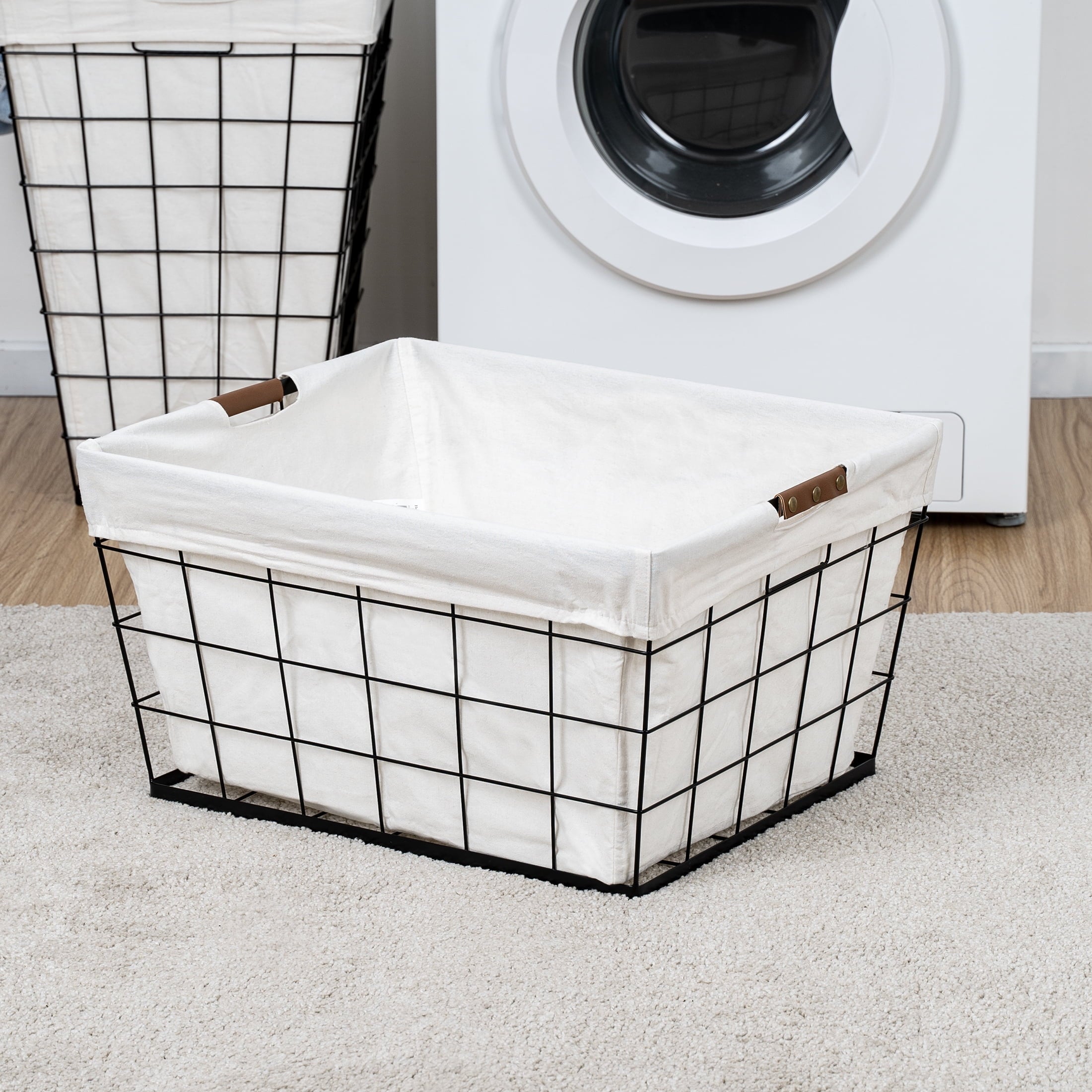 60L Rectangular Steel Wire Laundry Basket with Removable Cotton Blend Liner for Adult, Black & Natural