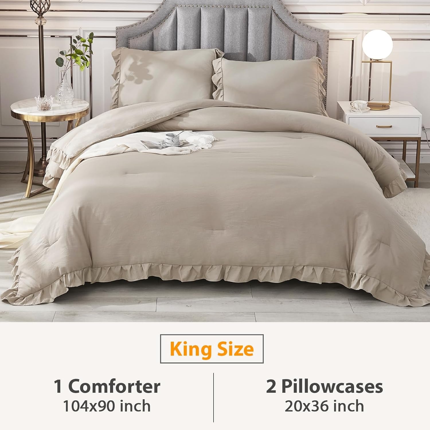 Wheat Ruffled Comforter King(104X90Inch), 3 Pieces(1 Ruffle Comforter and 2 Pillowcases) Vintage Ruffle Fringe Comforter, Farmhouse Rustic Microfiber down Alternative Bedding Comforter Set