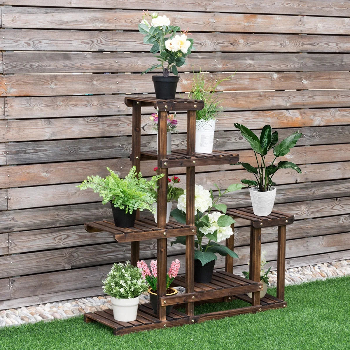 Outdoor Wooden Plant Flower Display Stand 6 Wood Shelf Storage Rack Garden