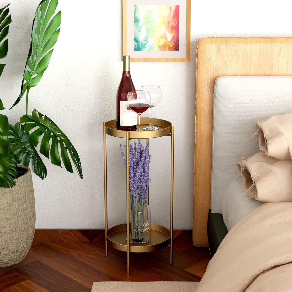 Plant Stand Indoor Outdoor - Flower Pot Holder Metal Plant Rack Organizer, 2 Tiers Tall Plant Display Storage Shelf Table for Home Garden Patio Bathroom Office Living Room Balcony Corner (Gold)