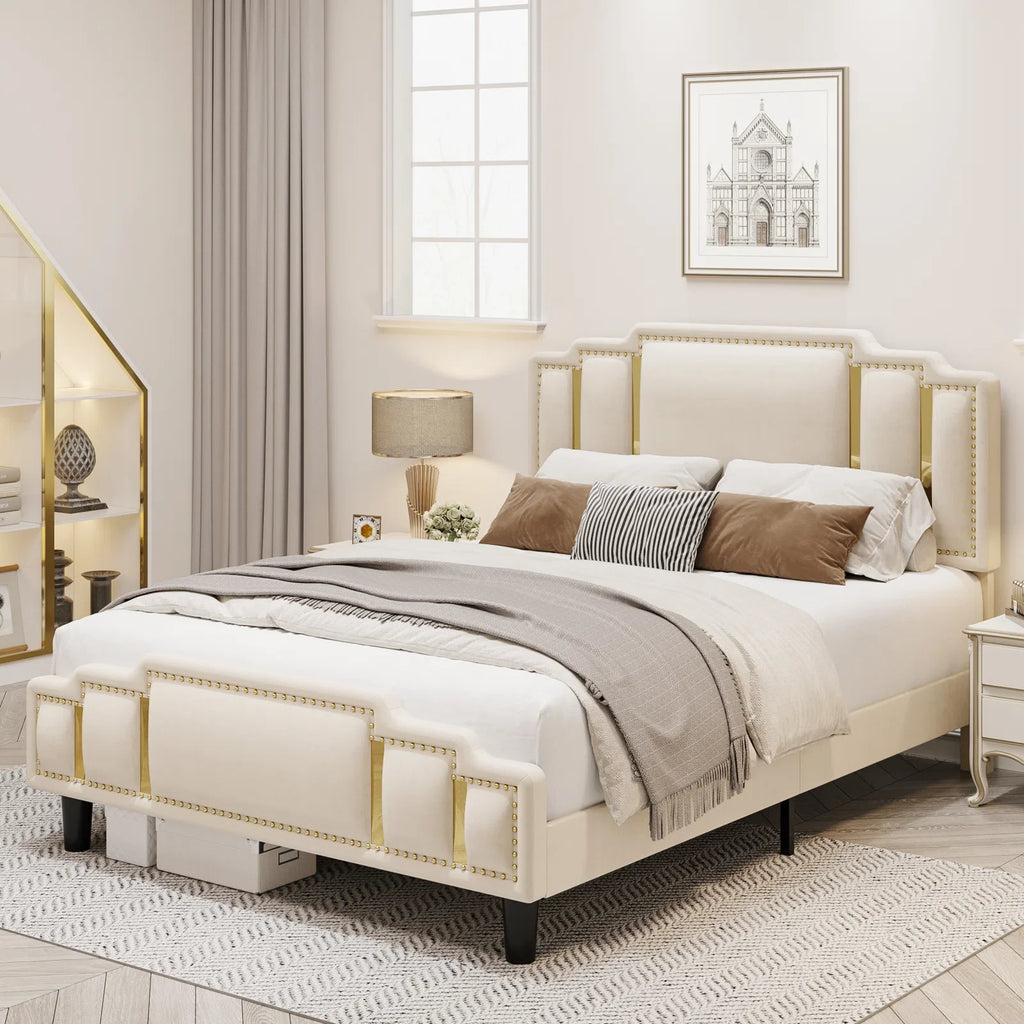 Queen Bed Frame, Luxury Velvet Upholstered Headboard with Golden Iron Sheet & Rivets, Platform Bed with Adjustable Headboard, White
