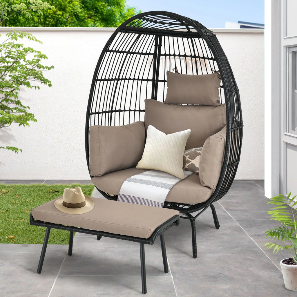 Egg Chair with Footstool, Outdoor Oversized Egg Lounger Chair with Stand, Cushion, Wicker Chair for Patio, Garden, Backyard, Porch - Black & Brown
