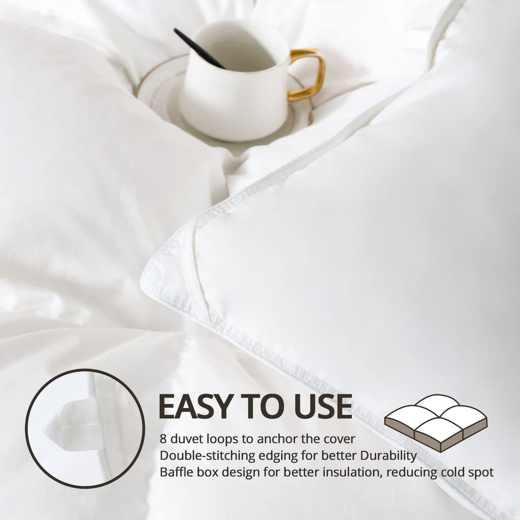 King Size down Comforter - All Season Duvet Insert with Medium Warmth, Soft and Noiseless Cover,8 Corner Tabs, and Machine Washable - White