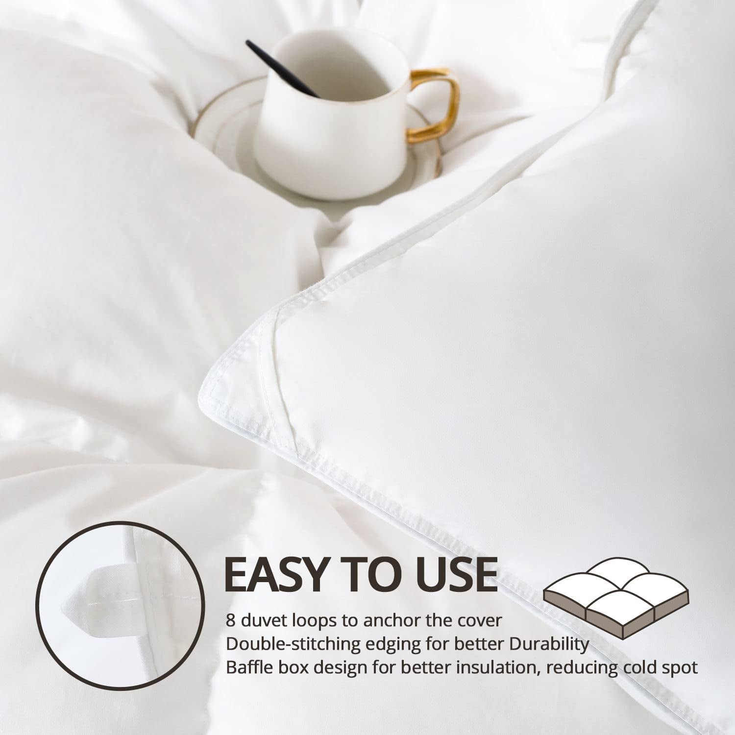 King Size down Comforter - All Season Duvet Insert with Medium Warmth, Soft and Noiseless Cover,8 Corner Tabs, and Machine Washable - White