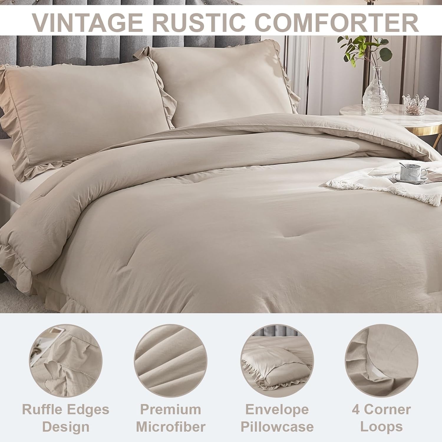 Wheat Ruffled Comforter King(104X90Inch), 3 Pieces(1 Ruffle Comforter and 2 Pillowcases) Vintage Ruffle Fringe Comforter, Farmhouse Rustic Microfiber down Alternative Bedding Comforter Set