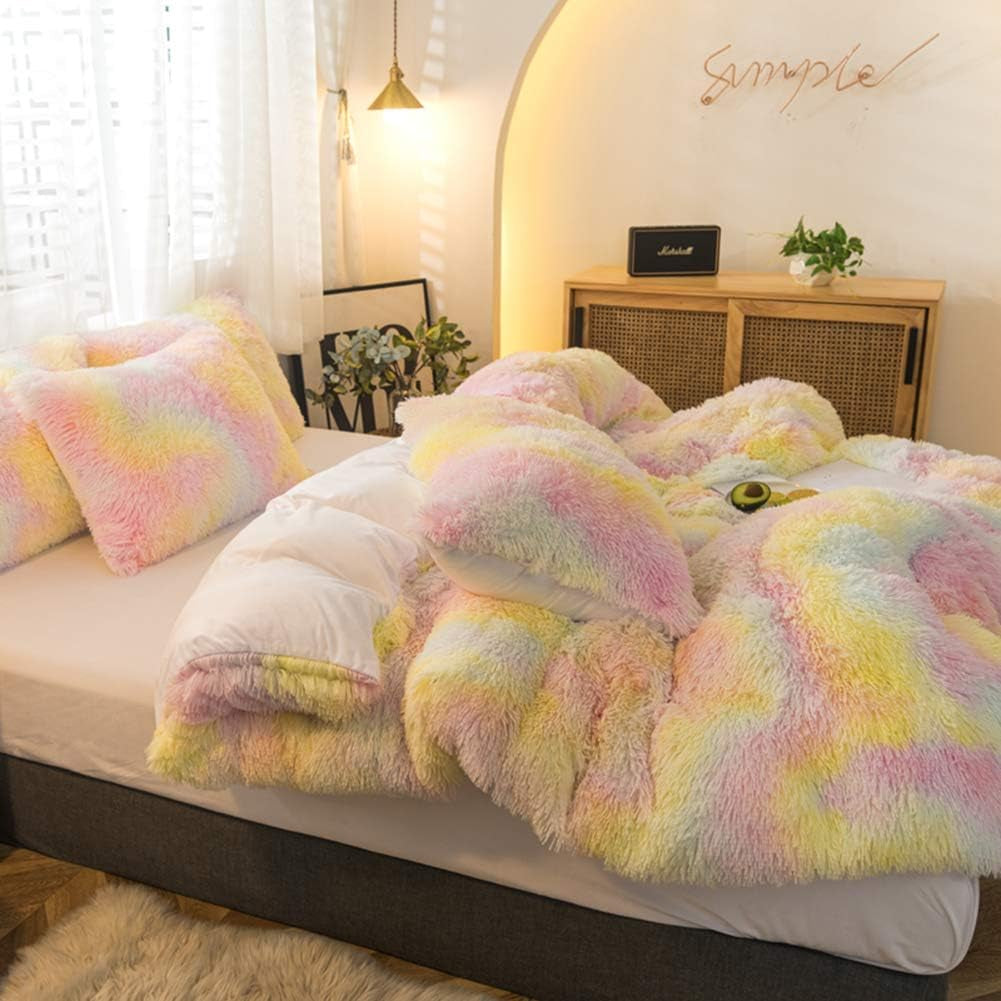 5 PCS Plush Shaggy Duvet Cover Sets, Luxury Shag Fluffy Comforter Cover Fuzzy Bedding Set - Long Faux Fur Ultra Soft Cozy (Ice Cream, King/California King)