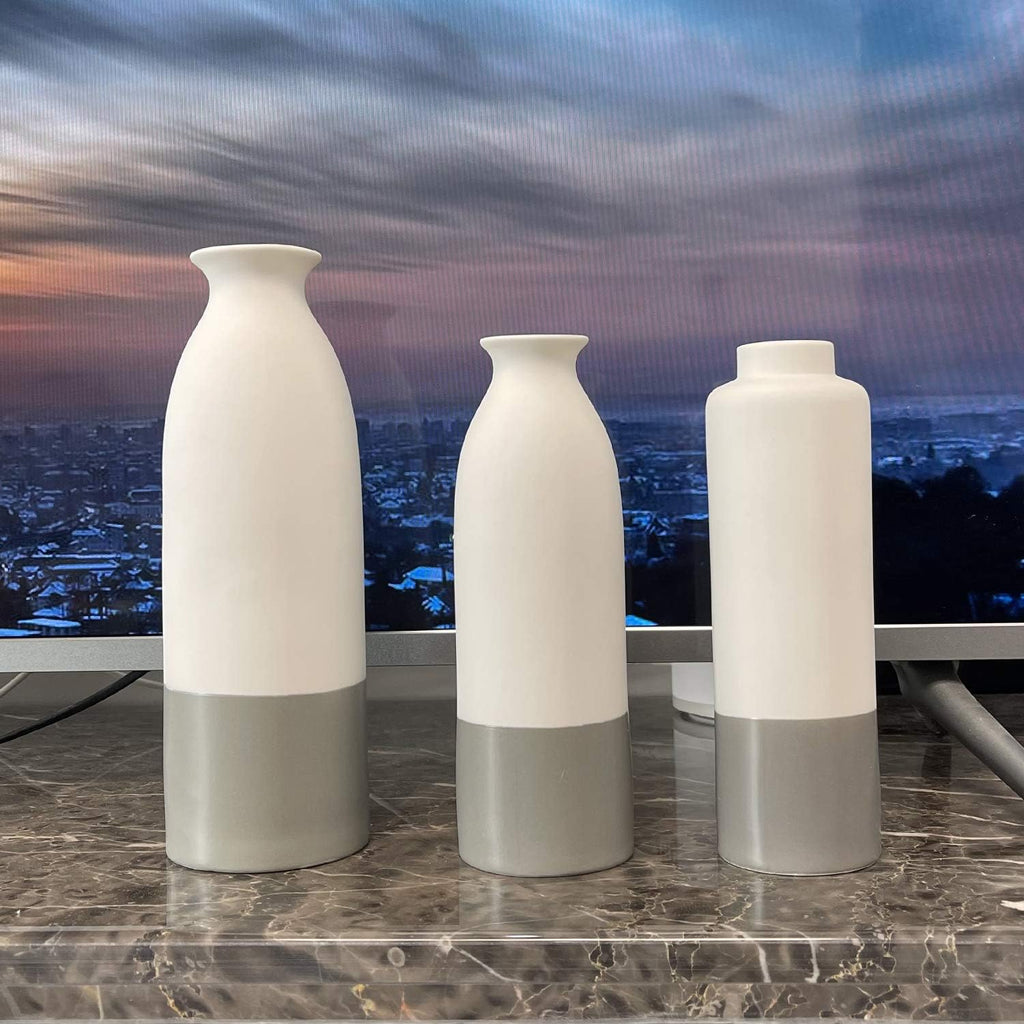 Set of 3 White Gray Ceramic Vase 7.8In 8In 9.8In Flower Vase Bottles for Home Décor Office Decoration Wedding Special Occasion Dried Floral Arrangements