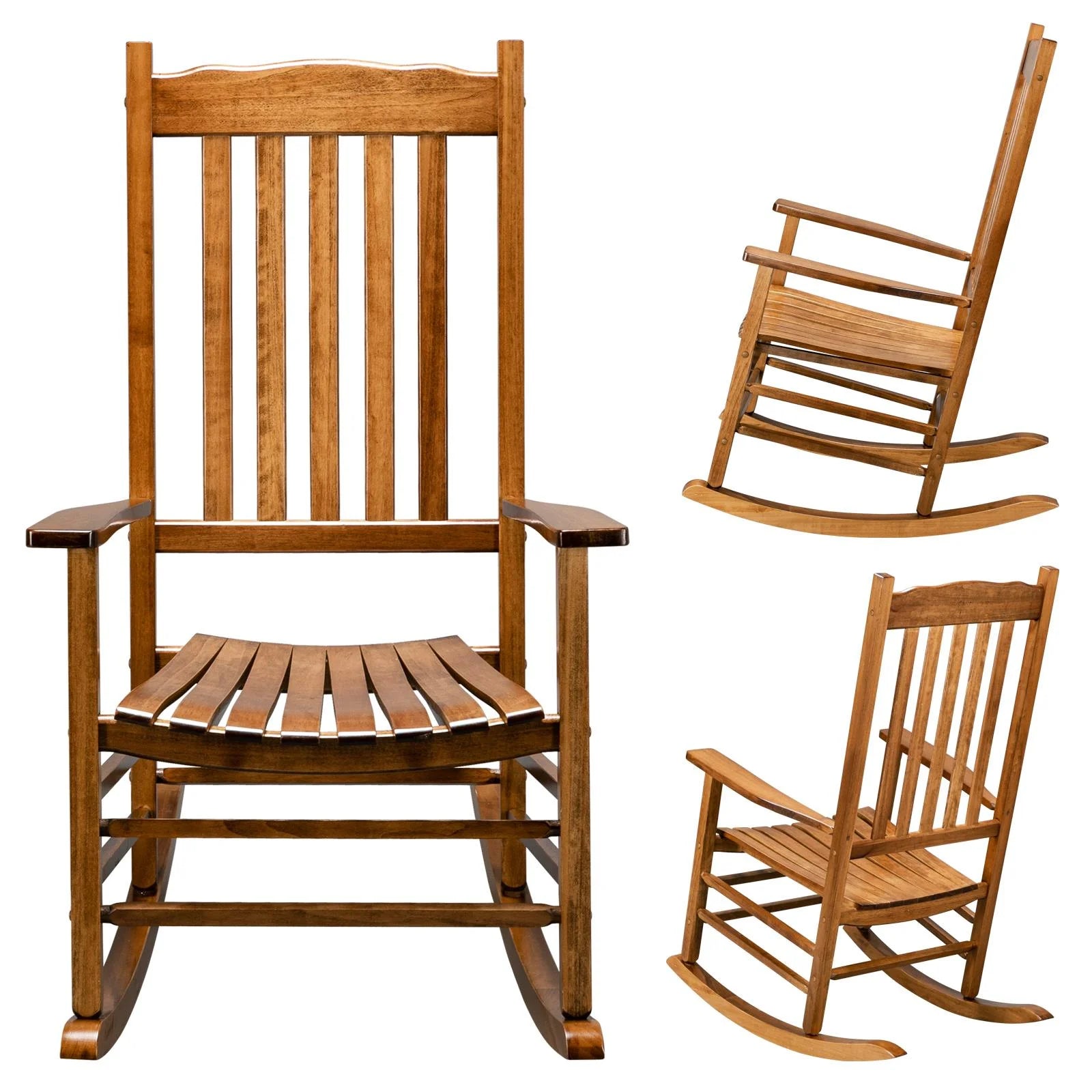 Wood Rocking Chair, Outdoor Wood Rocker for Patio, Garden, Deck, Porch, Original Color