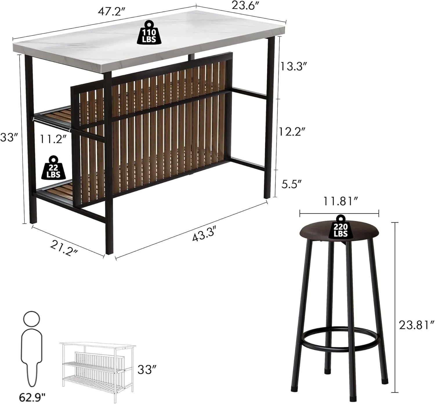 Kitchen Island with Seating, Wooden Counter 33"Height Table with Storage Kitchen Table Set for 2
