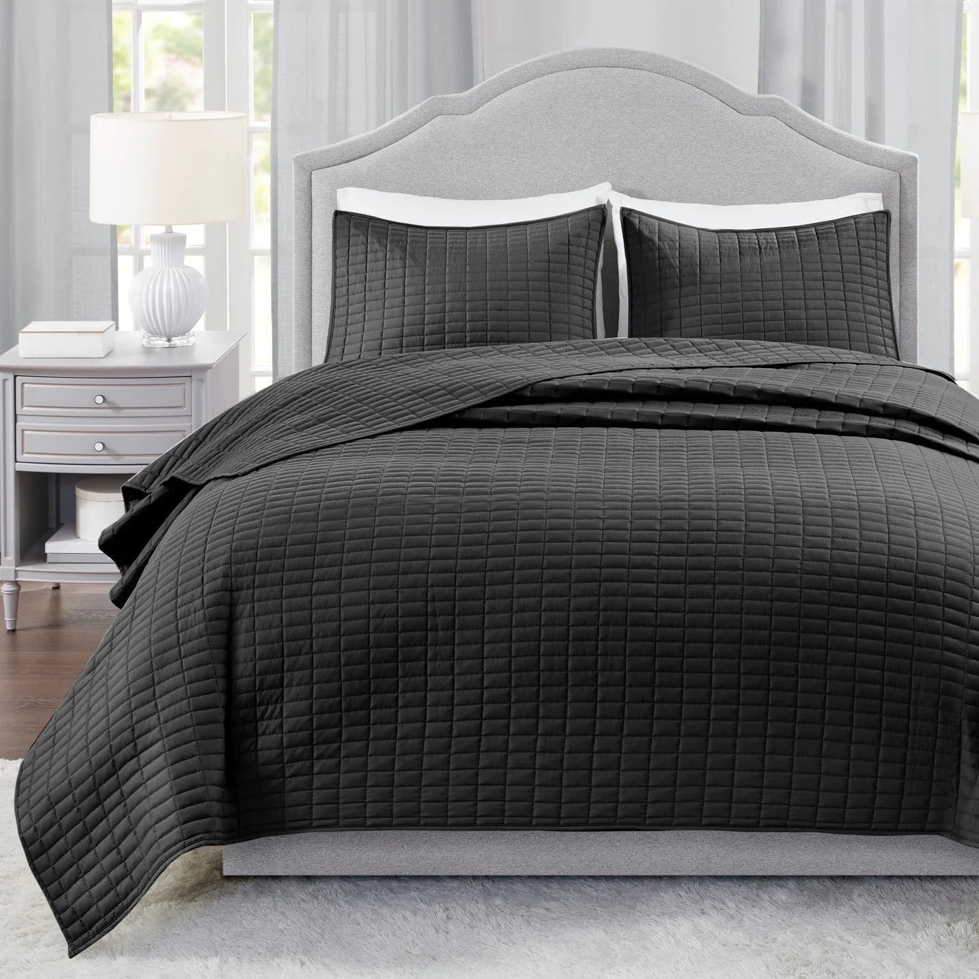 Adult Unisex King Size Quilt Bedding Kienna Stitched Solid Black