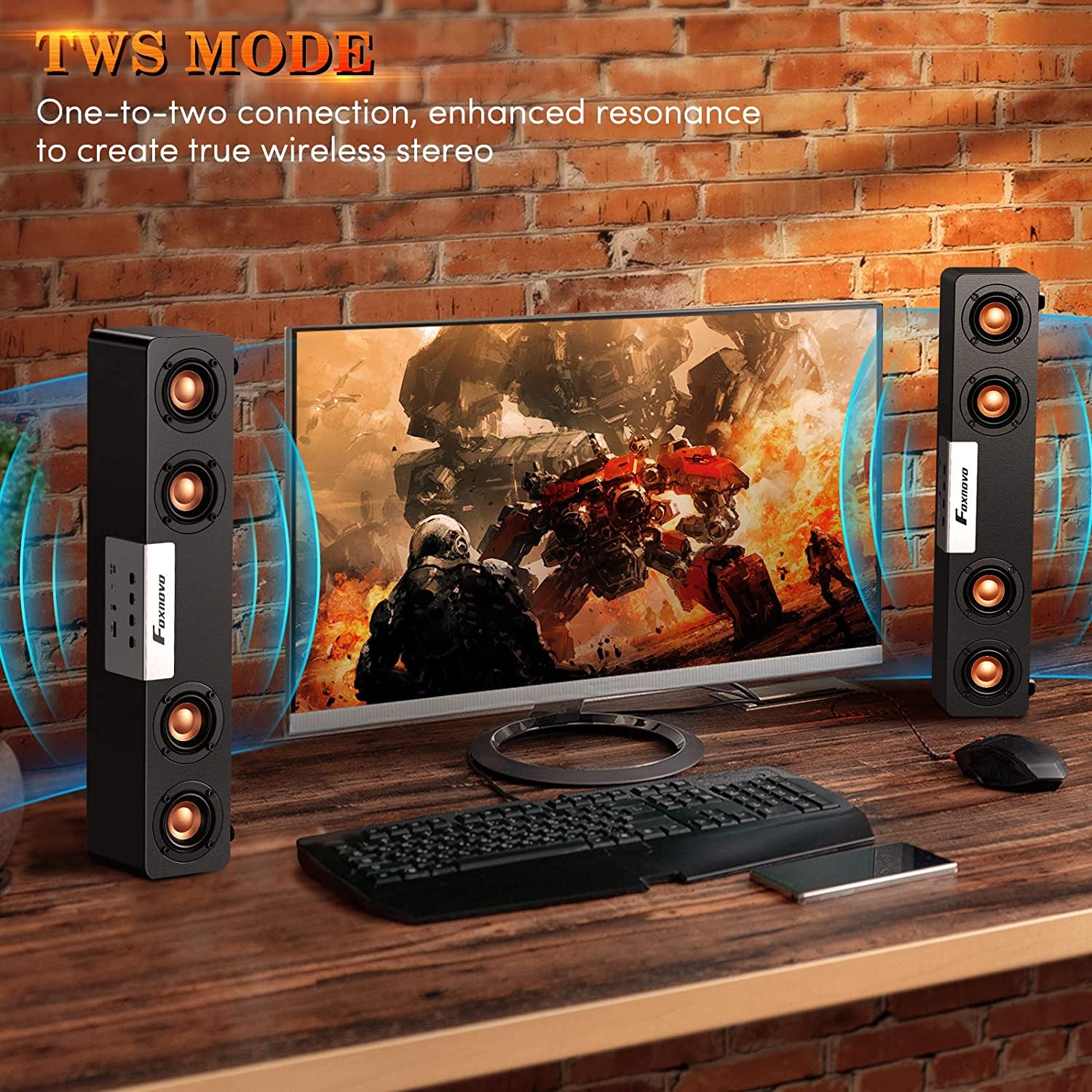 Bluetooth Computer Speakers Wireless Soundbar - PC Player Speaker with Built-In 4500Mah Battery Audio Stereo Sound Bar for Laptops Monitor TV Desktop Smartphone