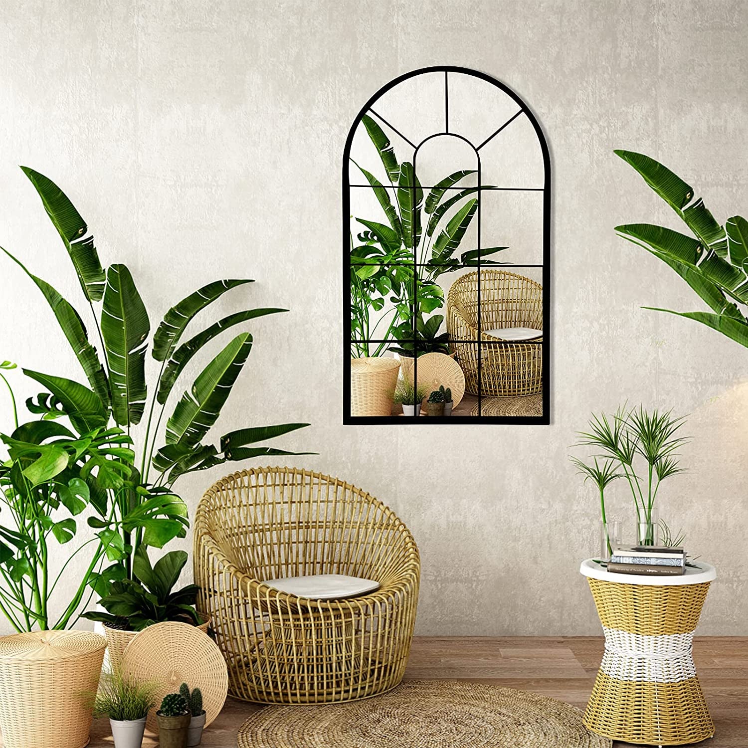 Wall Mirror Window Decorative Mirrors Arched Farmhouse for Living Room Bedroom Entryway Bathroom Vanity (Black,41.3”X 24” X1”)