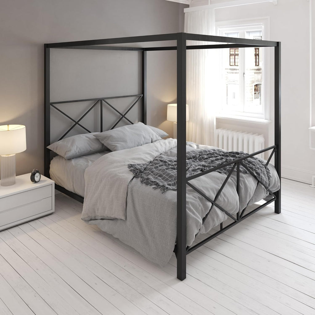 Rosedale Metal Canopy Bed Frame with Four Poster Design and Geometric Accented Headboard and Footboard, Underbed Storage Space, Queen, Black