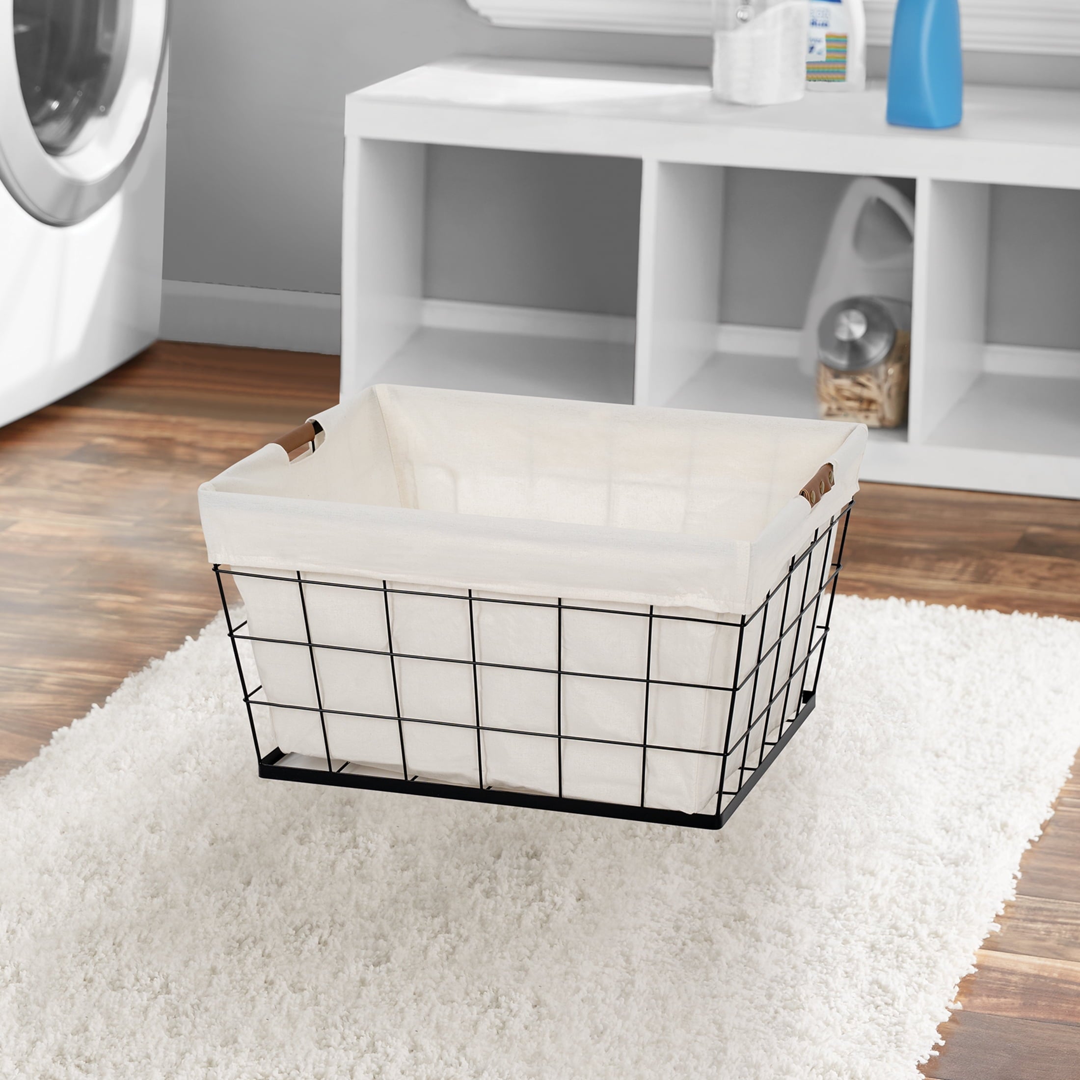 60L Rectangular Steel Wire Laundry Basket with Removable Cotton Blend Liner for Adult, Black & Natural