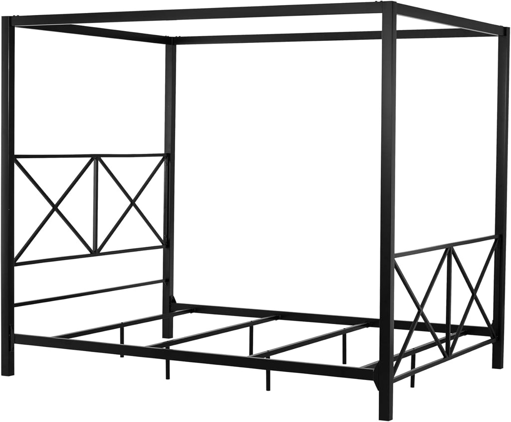 Rosedale Metal Canopy Bed Frame with Four Poster Design and Geometric Accented Headboard and Footboard, Underbed Storage Space, Queen, Black
