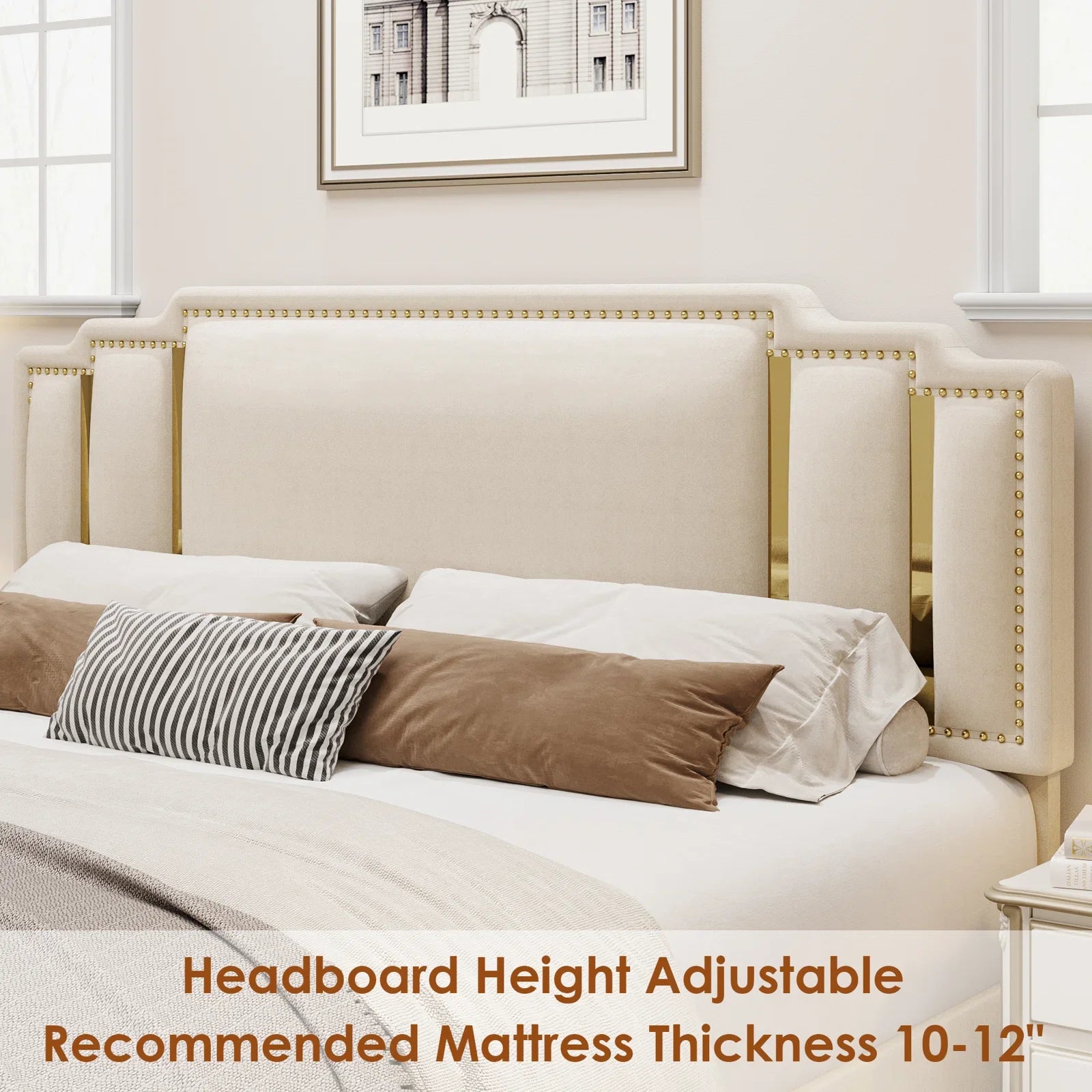 Queen Bed Frame, Luxury Velvet Upholstered Headboard with Golden Iron Sheet & Rivets, Platform Bed with Adjustable Headboard, White