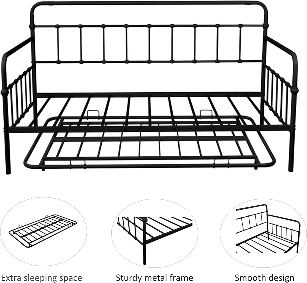 Twin Size Metal Frame Daybed with Trundle,Heavy Duty Steel Slat Support Saving Space Bed Sofa,Bedroom Living Room Furniture for Guest,No Spring Box Needed Black