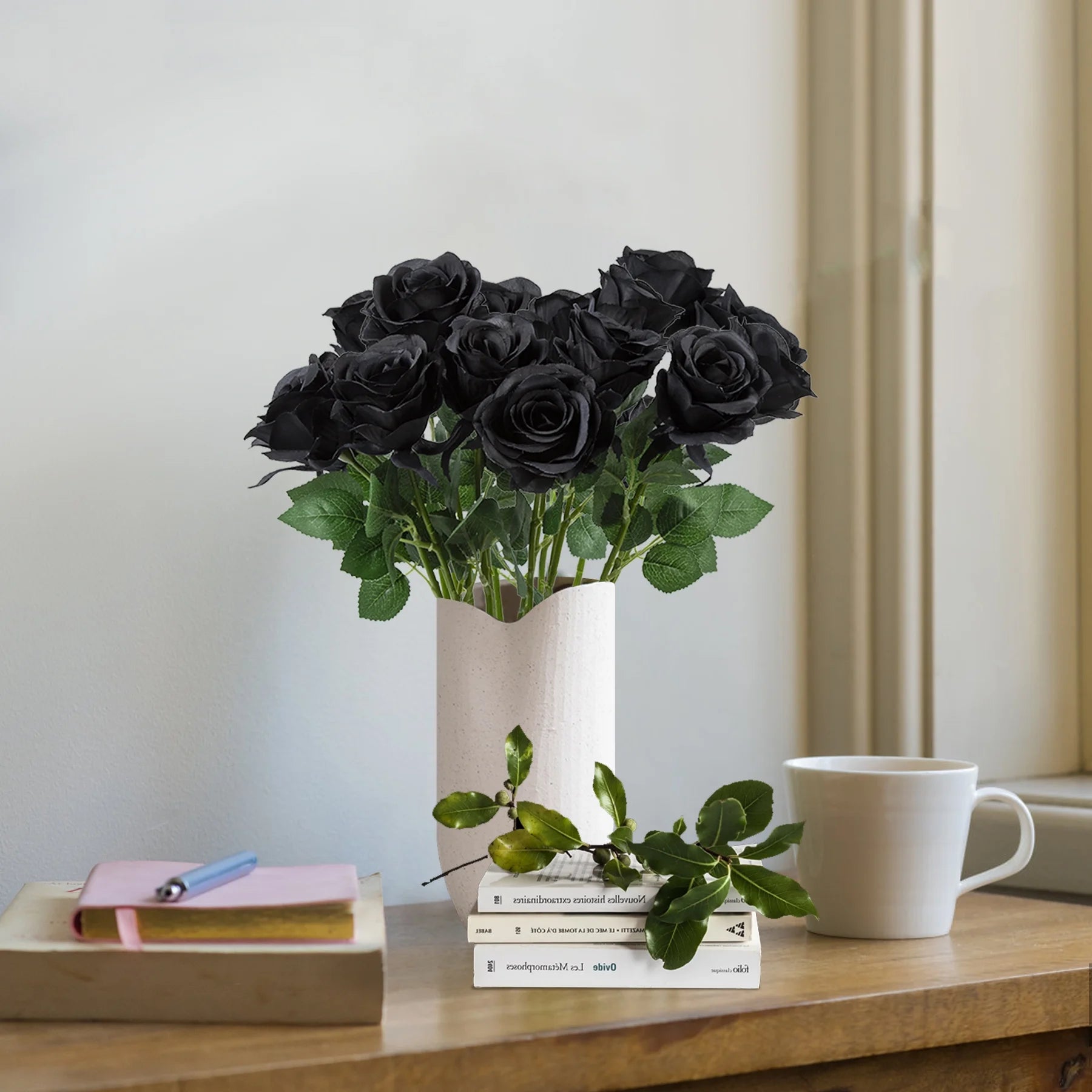 18 Pcs Fake Roses Artificial Flowers Black Silk Rose Flower Bouquet for Wedding Party Decorations Valentines Day Decor