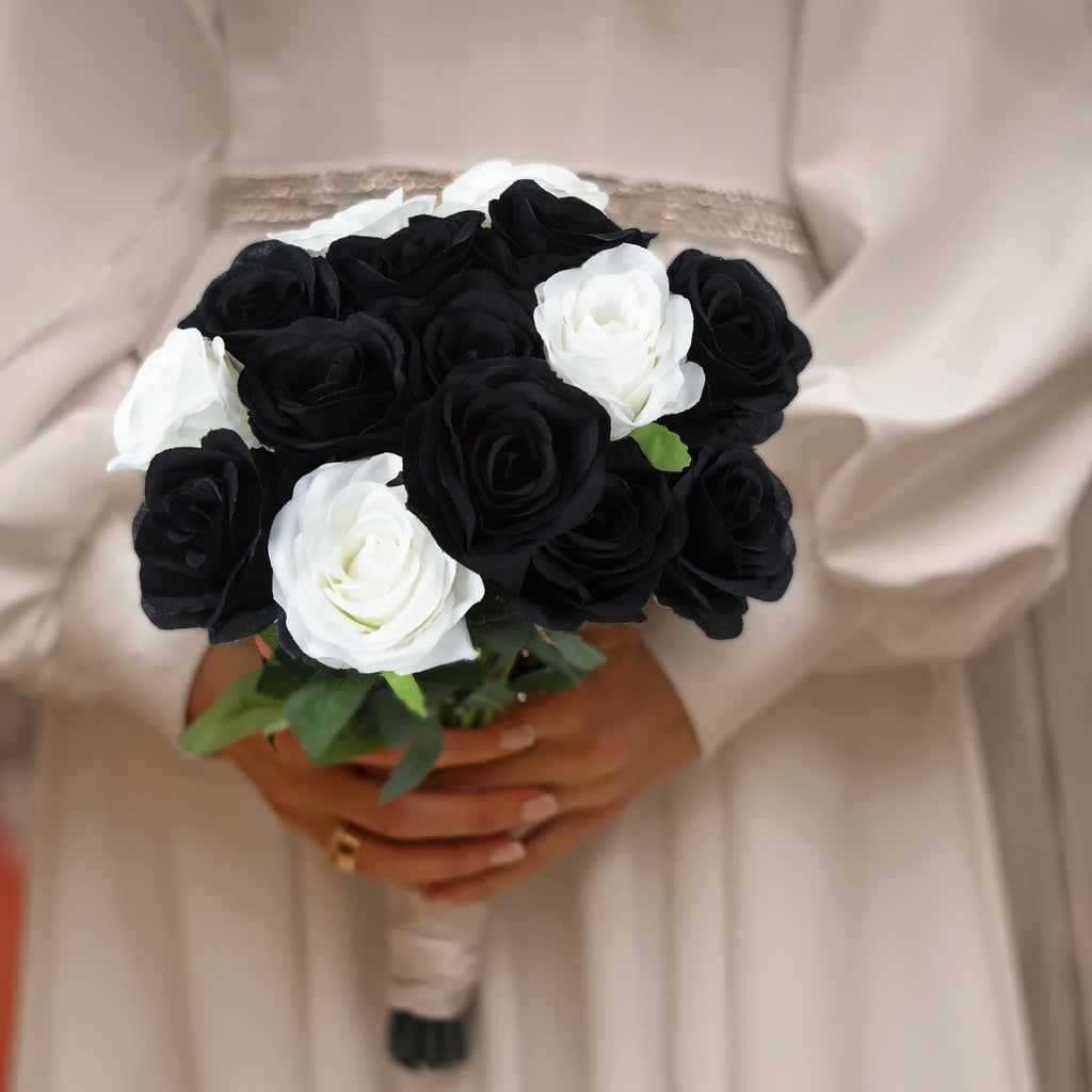 18 Pcs Fake Roses Artificial Flowers Black Silk Rose Flower Bouquet for Wedding Party Decorations Valentines Day Decor