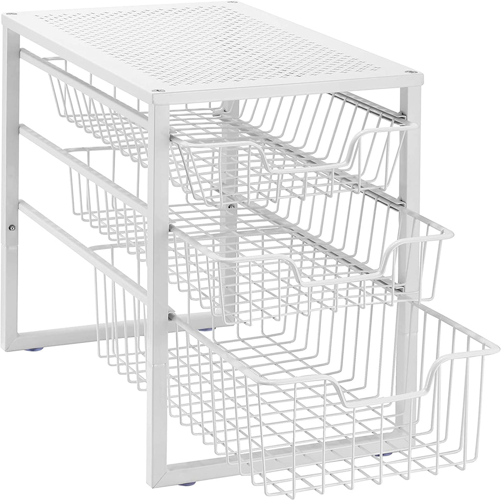 3-Tier under Sink Cabinet Organizer with Sliding Storage Drawer, Desktop Organizer for Kitchen Bathroom Office, Stackable, White