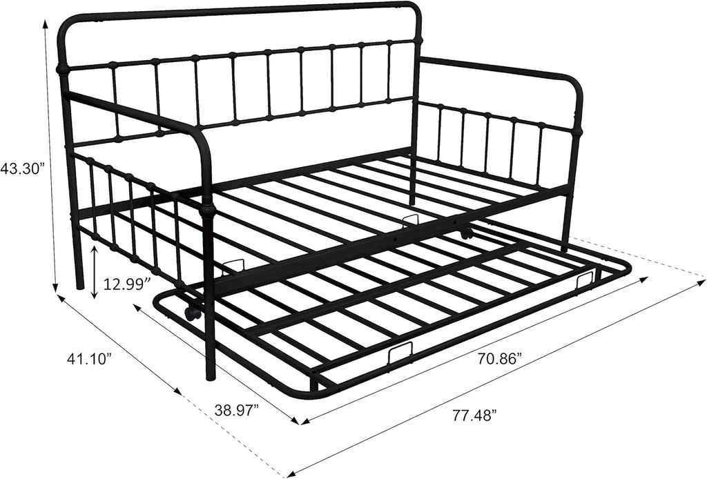 Twin Size Metal Frame Daybed with Trundle,Heavy Duty Steel Slat Support Saving Space Bed Sofa,Bedroom Living Room Furniture for Guest,No Spring Box Needed Black