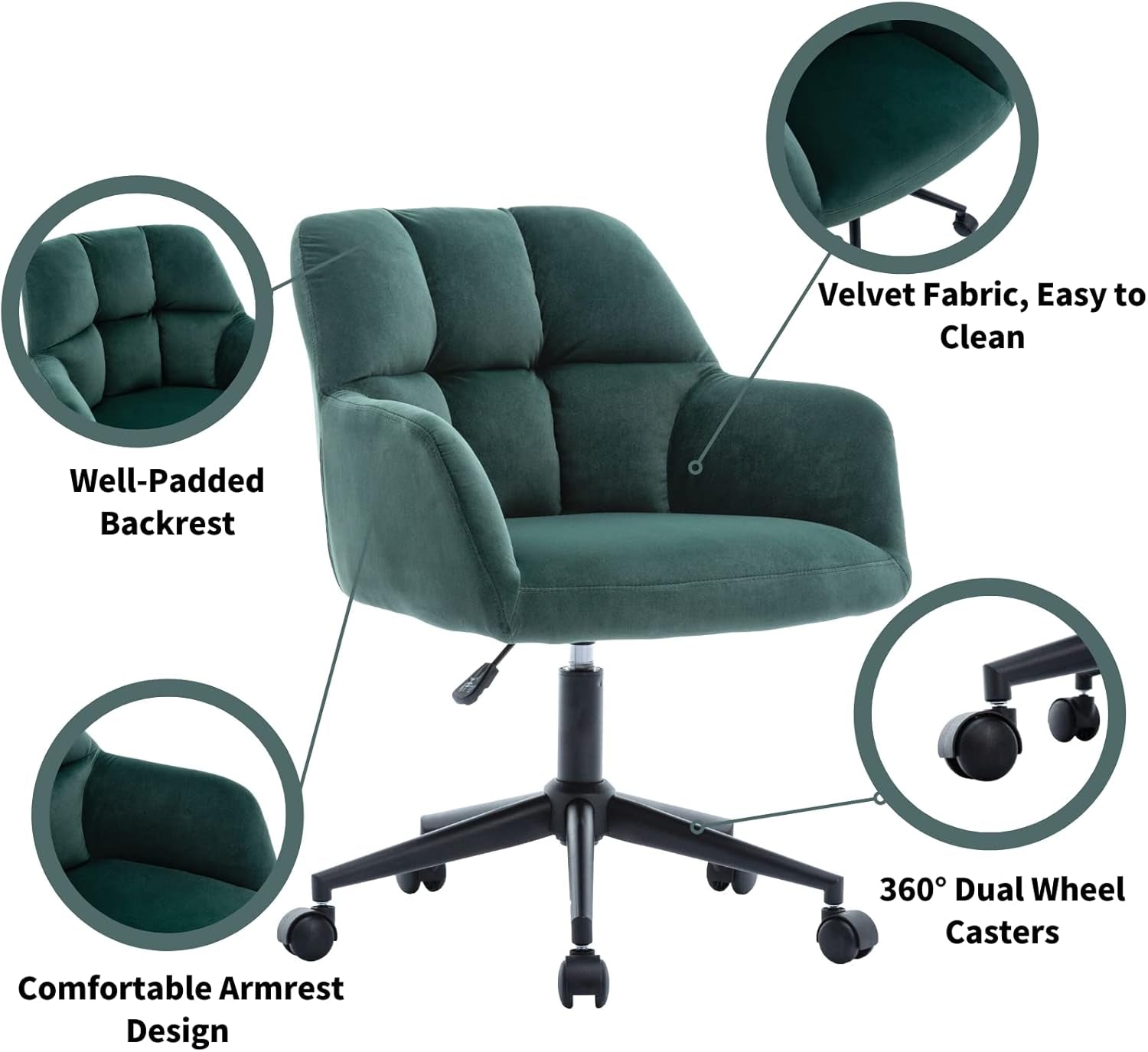 Hi&Yeah Modern Velvet Office Chair, Height Adjustable Comfy Desk Chair with Wheels, Swivel Armchair for Living Room Home Office Computer, Dark Green
