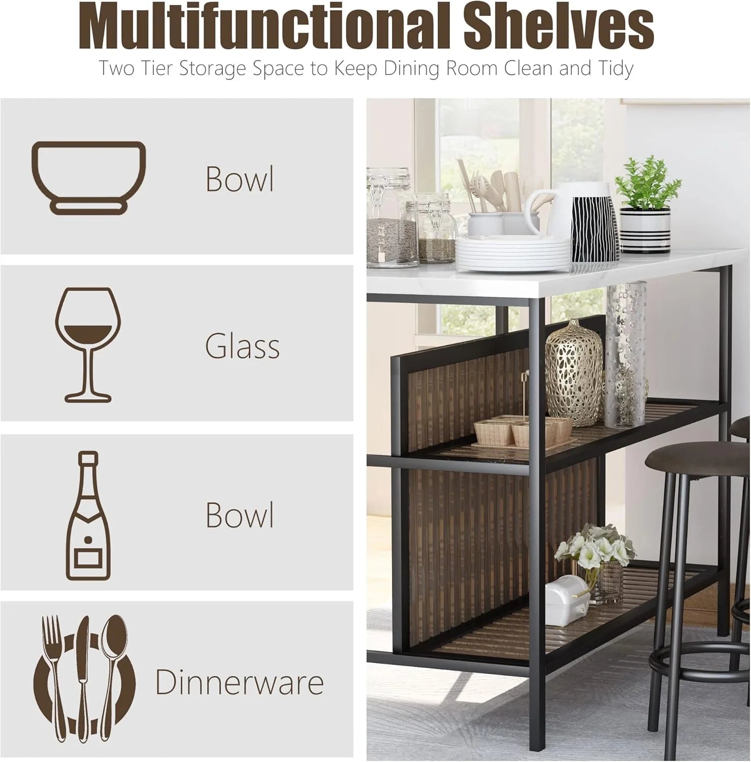 Kitchen Island with Seating, Wooden Counter 33"Height Table with Storage Kitchen Table Set for 2