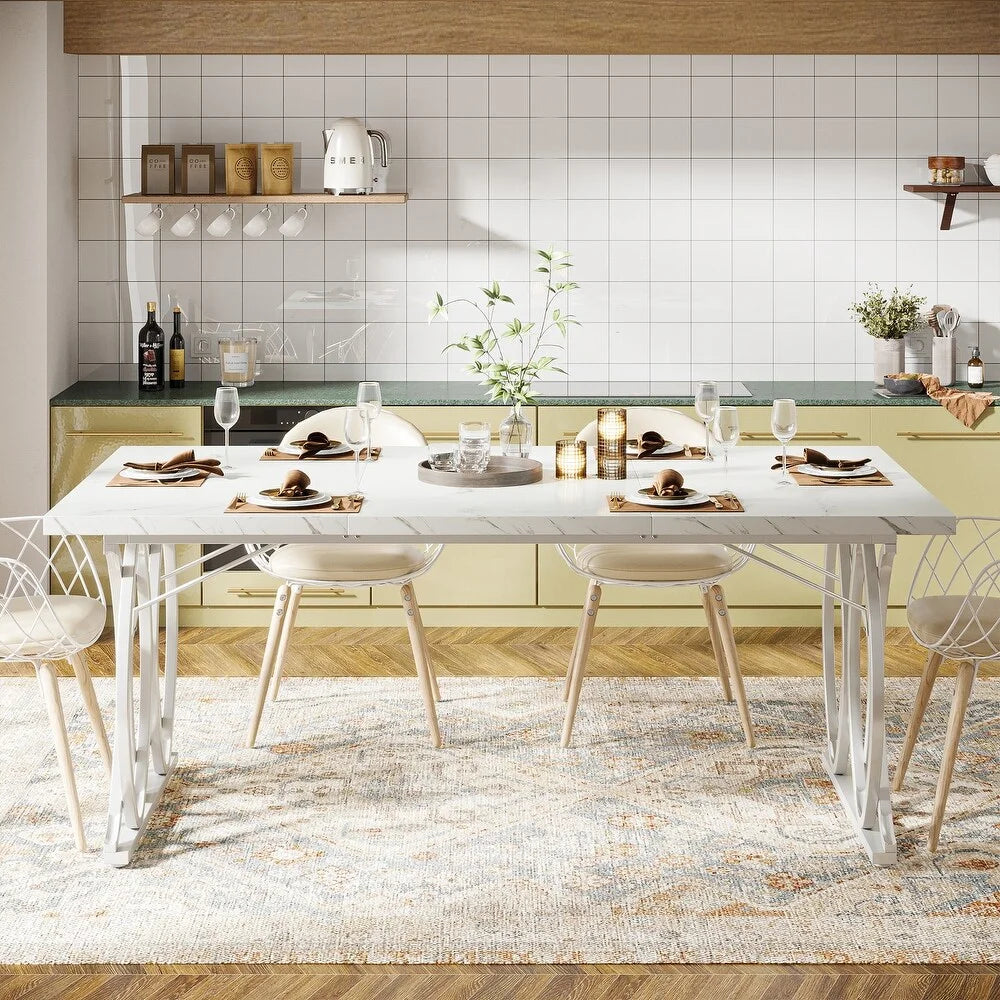 Modern 63 in Rectangle Geometric Legs Dining Table, White