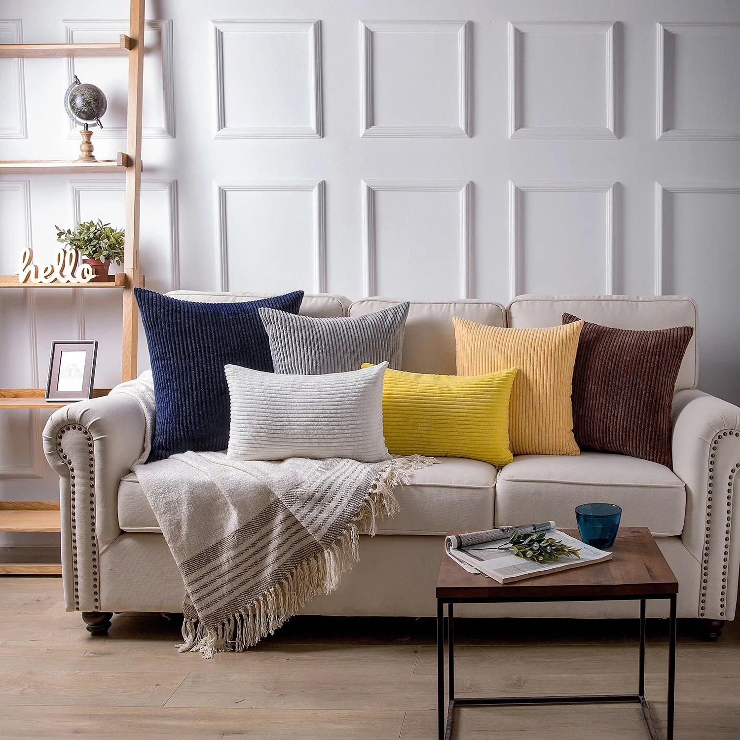 Fluffy Corduroy Velvet Solid Color Suqare Cusion Accent Decorative Throw Pillow for Couch, 18" X 18", White, 2 Pack