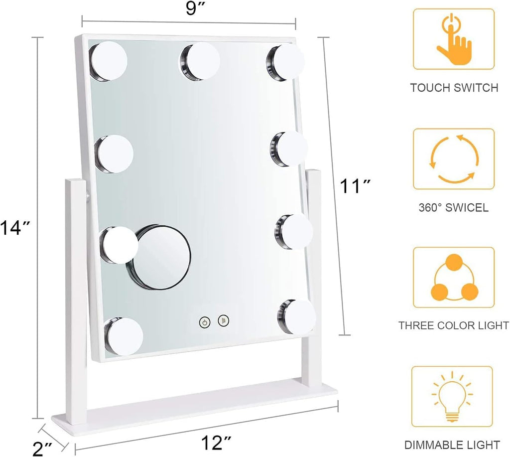 Hollywood Mirror with Lights, Vanity Mirror with Lights, Tabletop Mirror with Dimmable LED Lights，3 Color Model (Gold, 16.3 X 13.4)