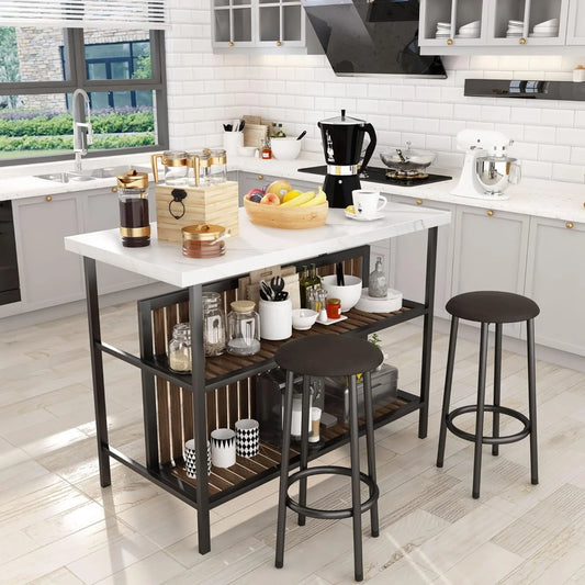 Kitchen Island with Seating, Wooden Counter 33"Height Table with Storage Kitchen Table Set for 2