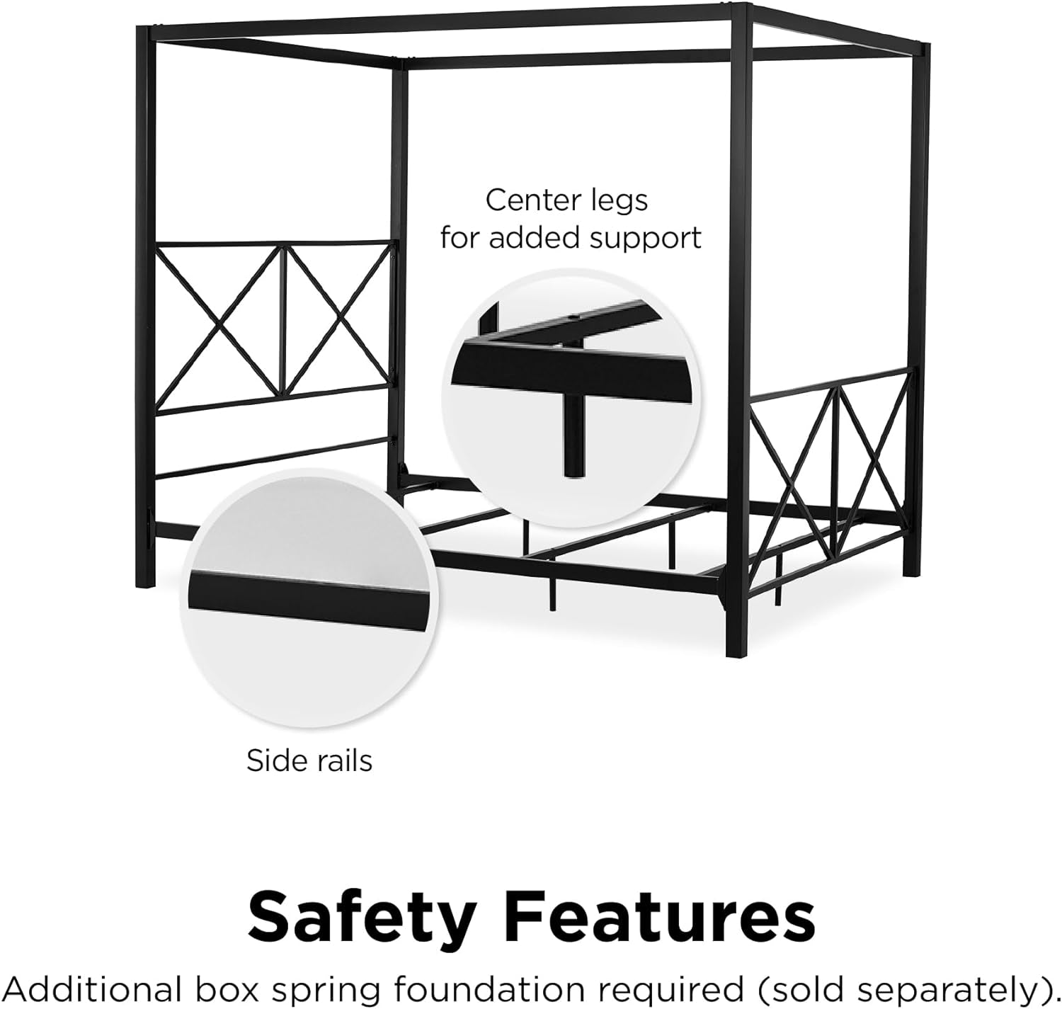 Rosedale Metal Canopy Bed Frame with Four Poster Design and Geometric Accented Headboard and Footboard, Underbed Storage Space, Queen, Black