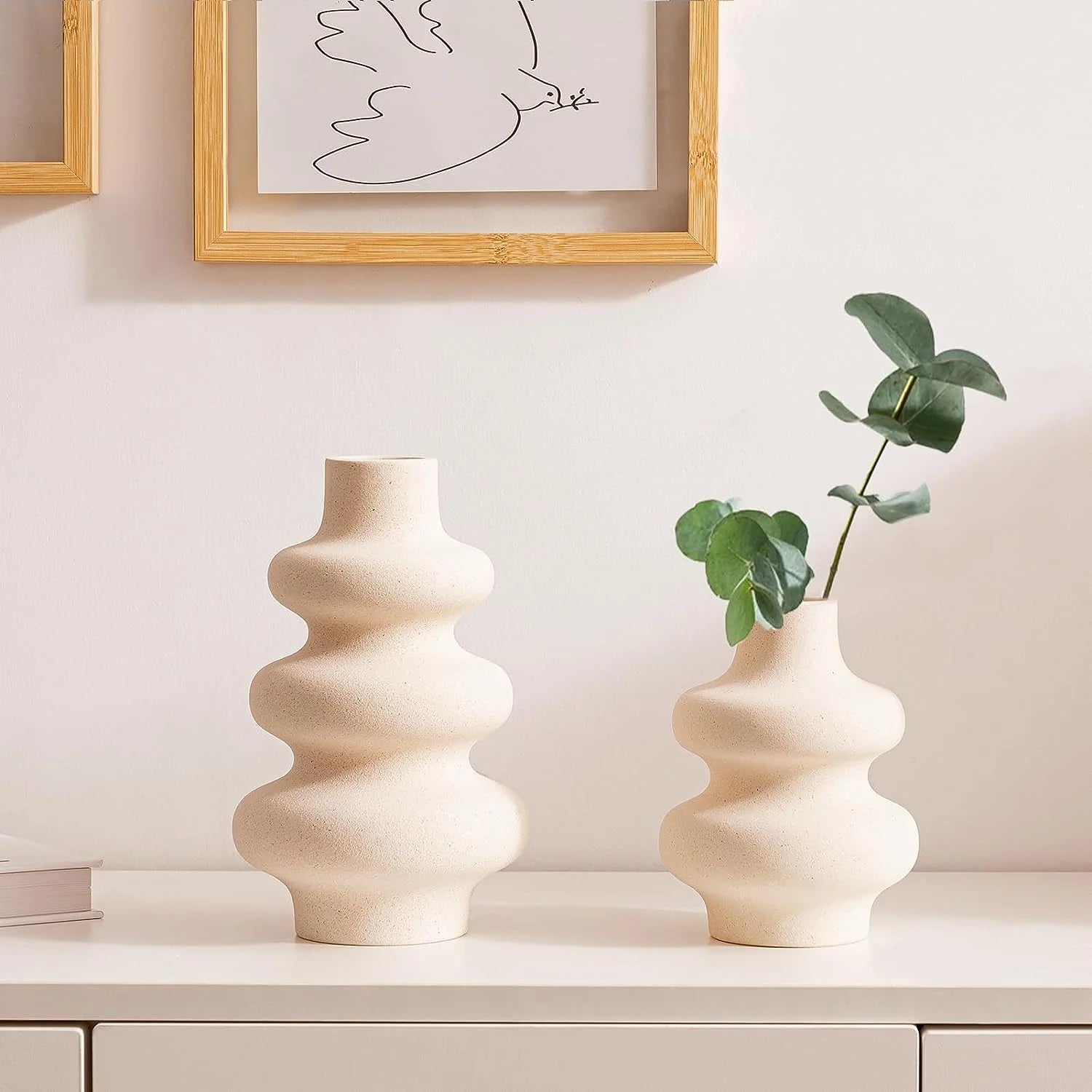 Ceramic Vases Set of 2, Modern Unique Matte Decorative Flower Vase for Home Centerpieces Living Decor, off White Minimalist Nordic Boho Vase for Flower Bouquet, Pampas Grass