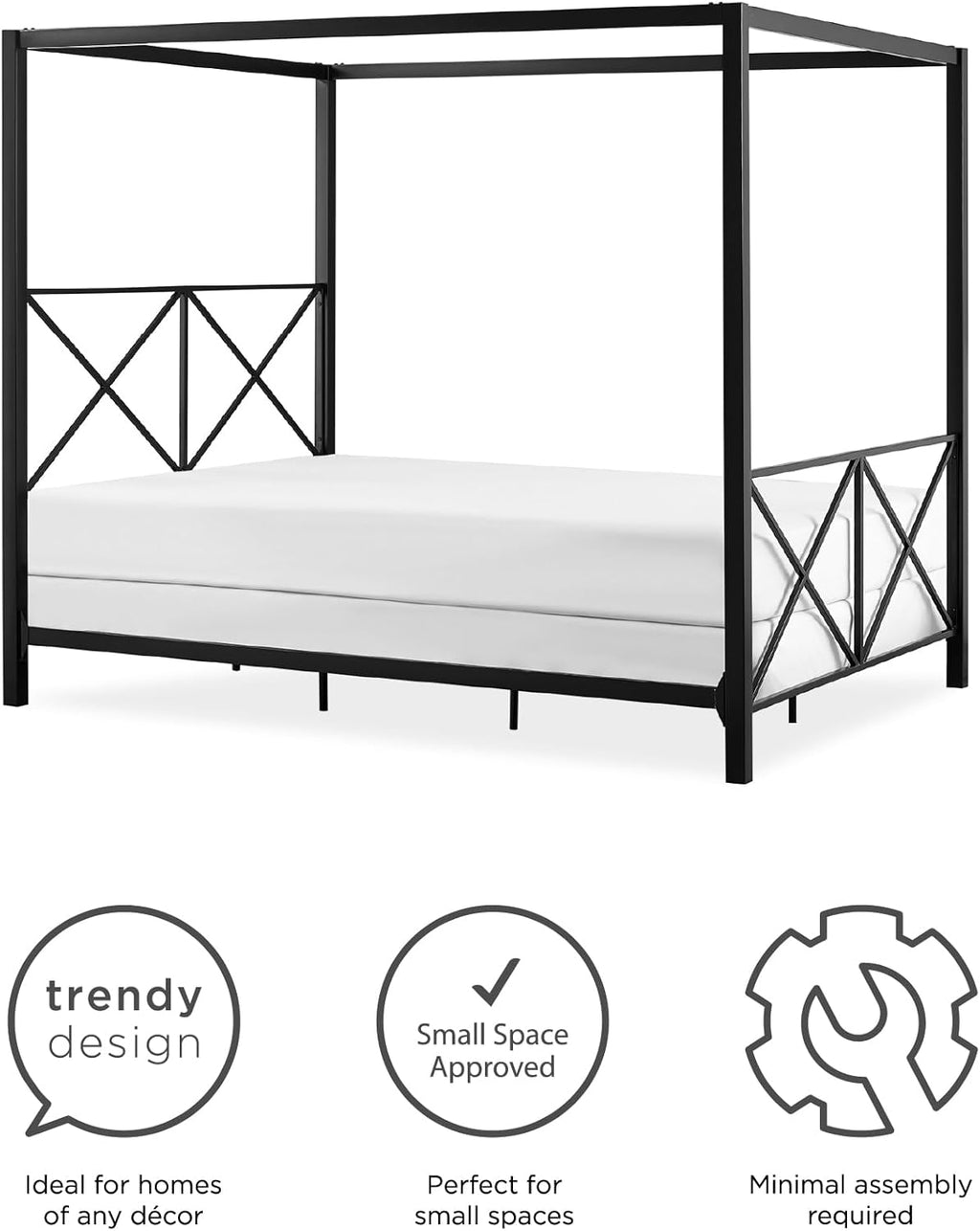 Rosedale Metal Canopy Bed Frame with Four Poster Design and Geometric Accented Headboard and Footboard, Underbed Storage Space, Queen, Black